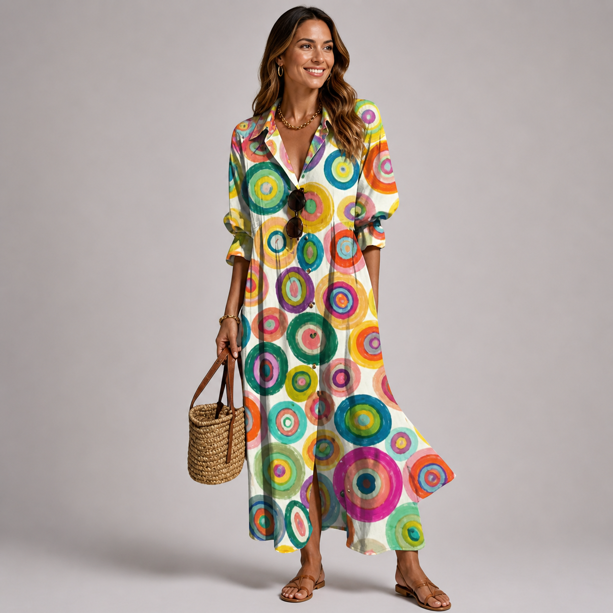 Lang kjole med blomsterprint — knapper foran — sommeroutfit