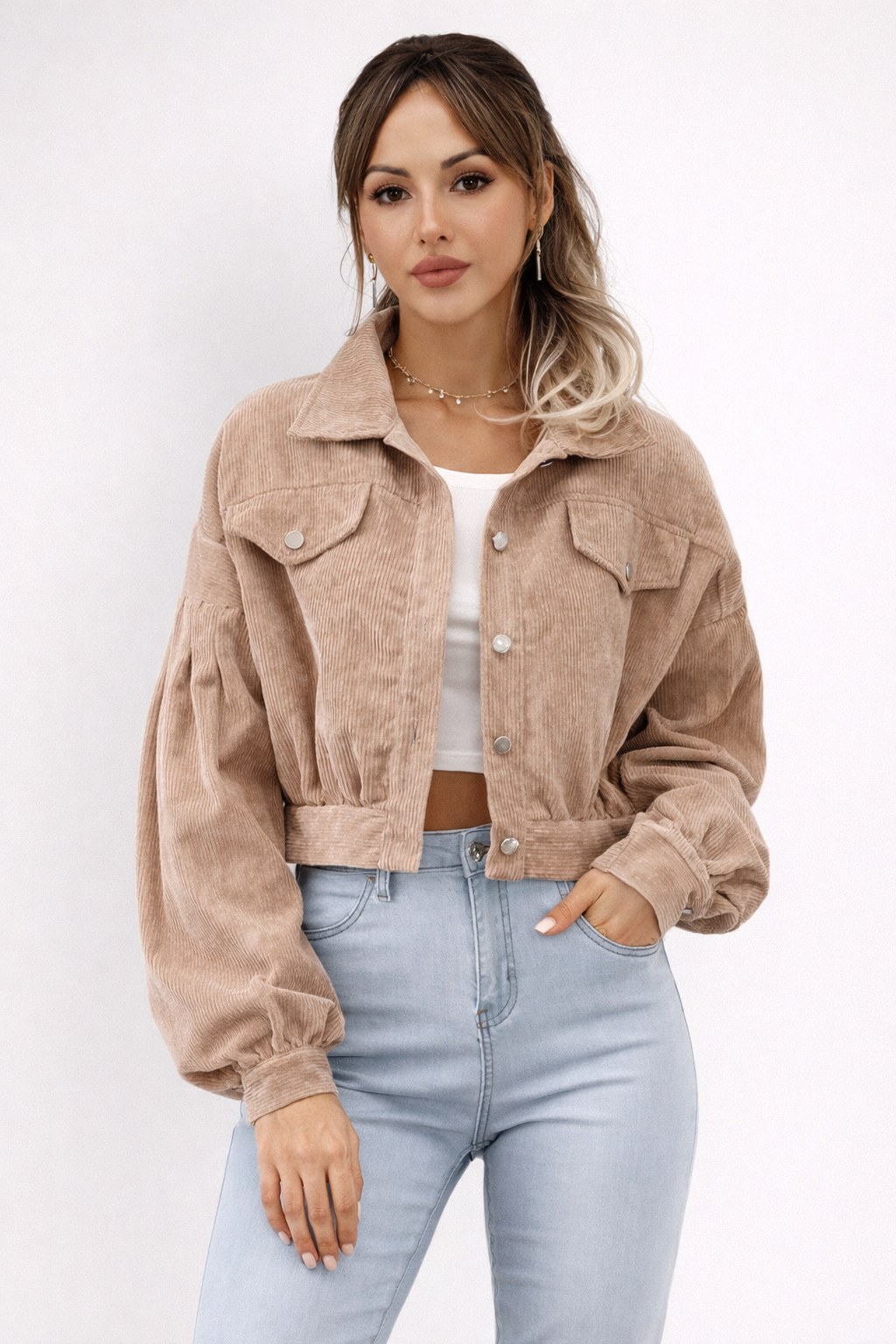 Veste Courte en Velours Côtelé avec Boutons et Manches Bouffantes Femme