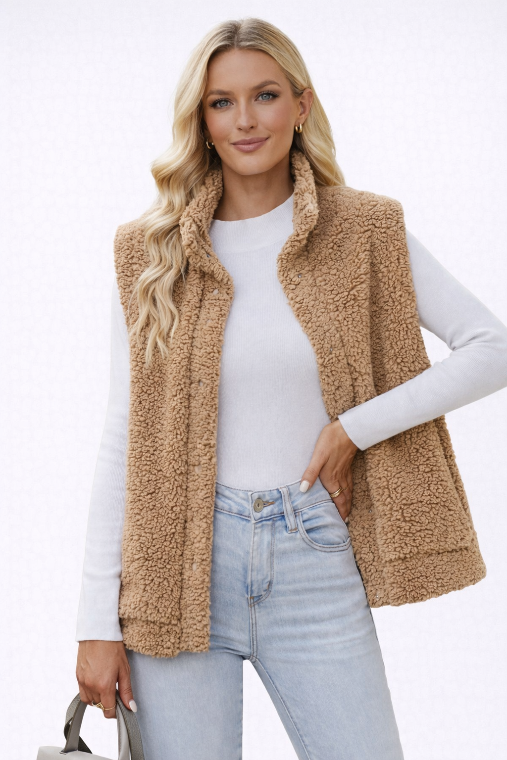 Gilet Sans Manches en Maille Teddy avec Boutons et Col Montant pour Femme
