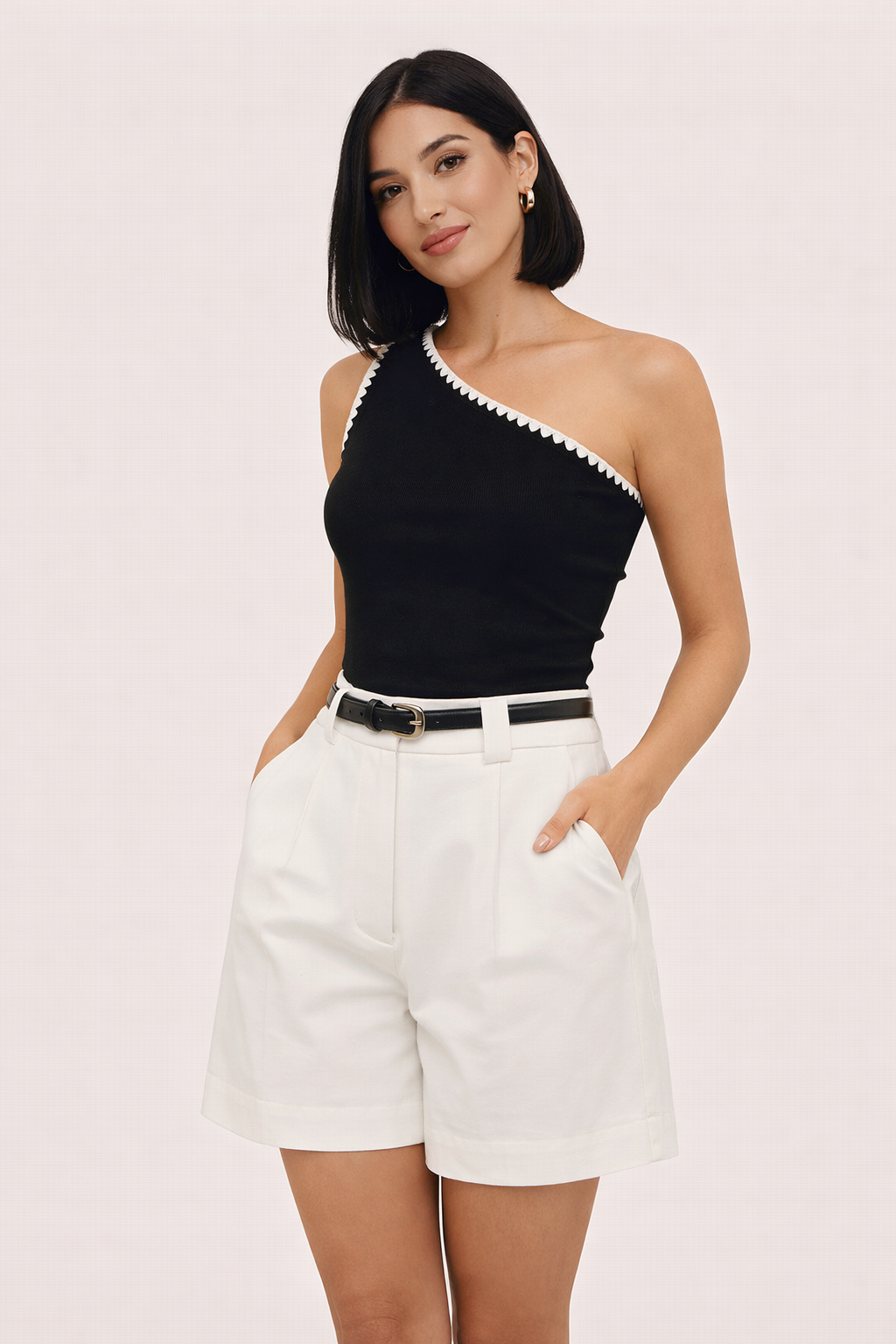 Short en Toile à Taille Haute et Coupe Large avec Poches pour Femme
