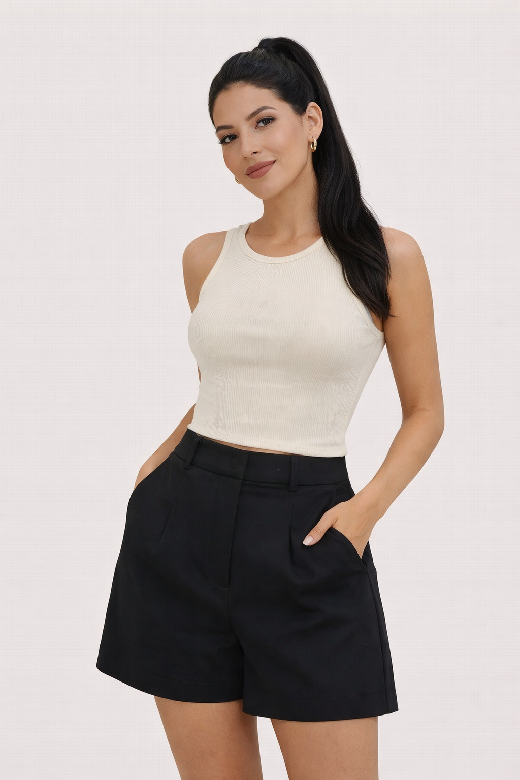 Short en Toile à Taille Haute et Coupe Droite Élégant avec Plis Plaqués pour Femme