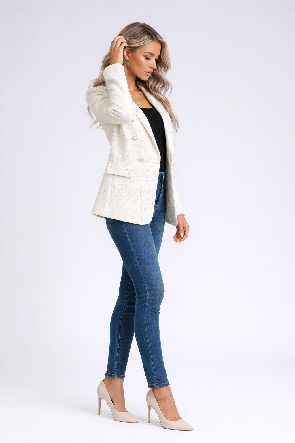 Blazer Cintrée à Double Boutonnage avec Texture Style Tweed pour Femme
