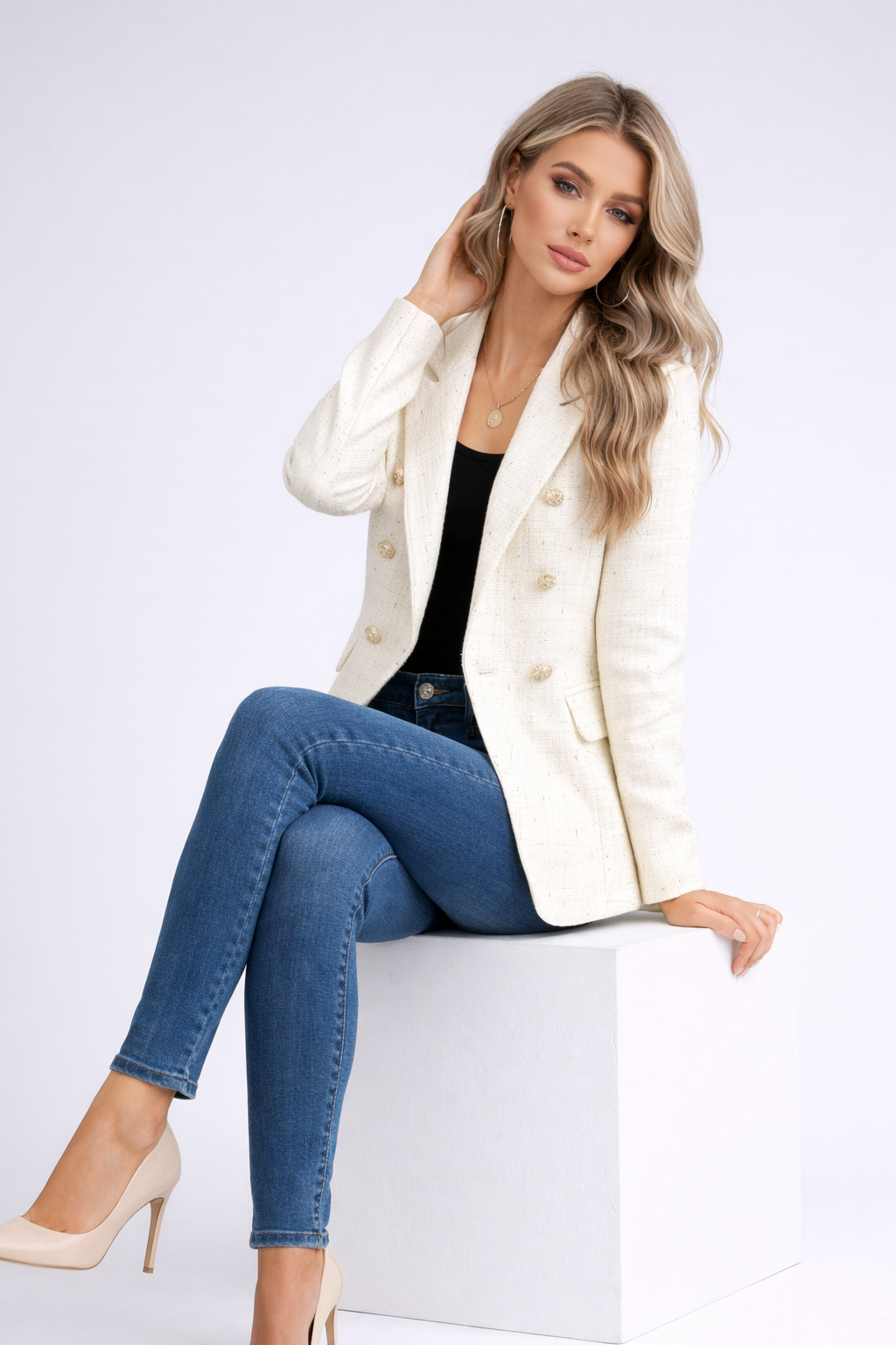 Blazer Cintrée à Double Boutonnage avec Texture Style Tweed pour Femme