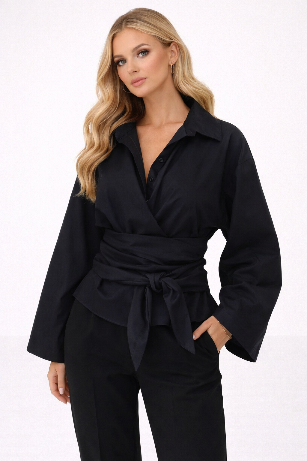 Veste Cache-Coeur à Manches Larges avec Ceinture à Nouer pour Femme