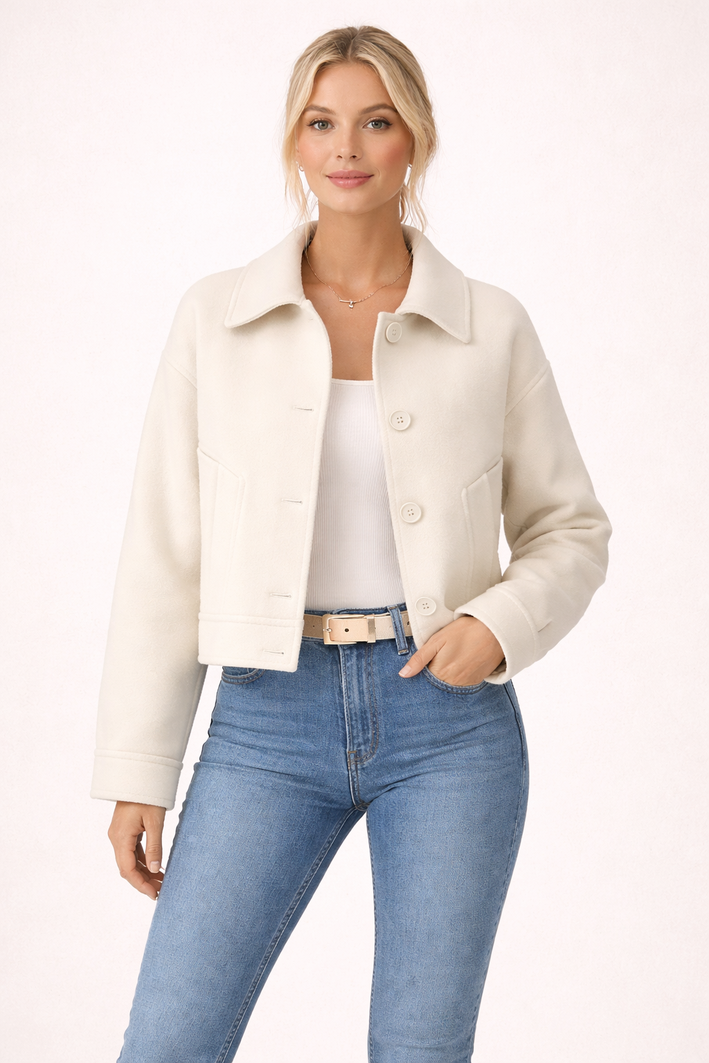 Veste Courte en Mélange de Laine avec Col Classique et Boutons pour Femme