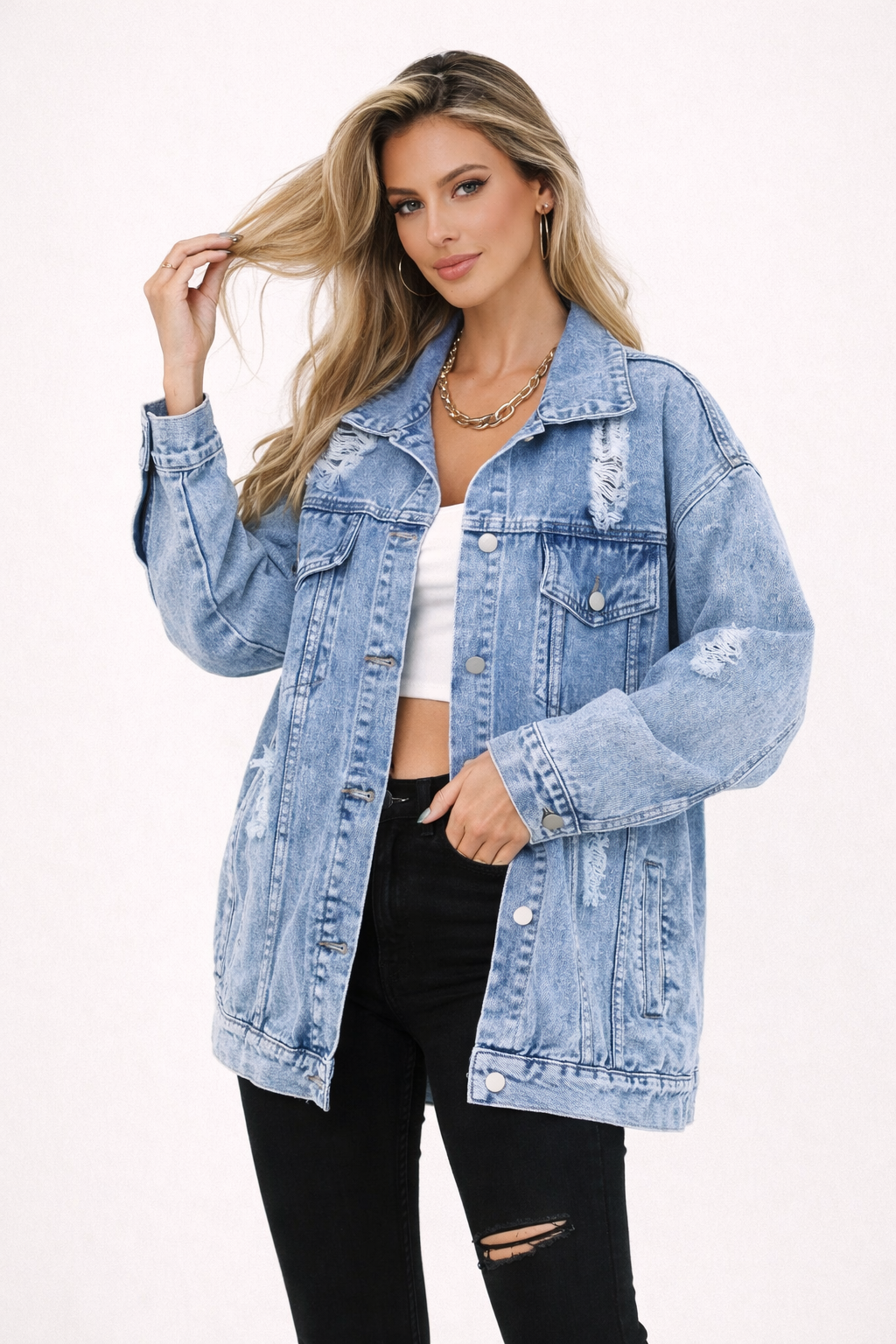 Veste en Jean Oversize à Manches Longues et Boutons pour Femme