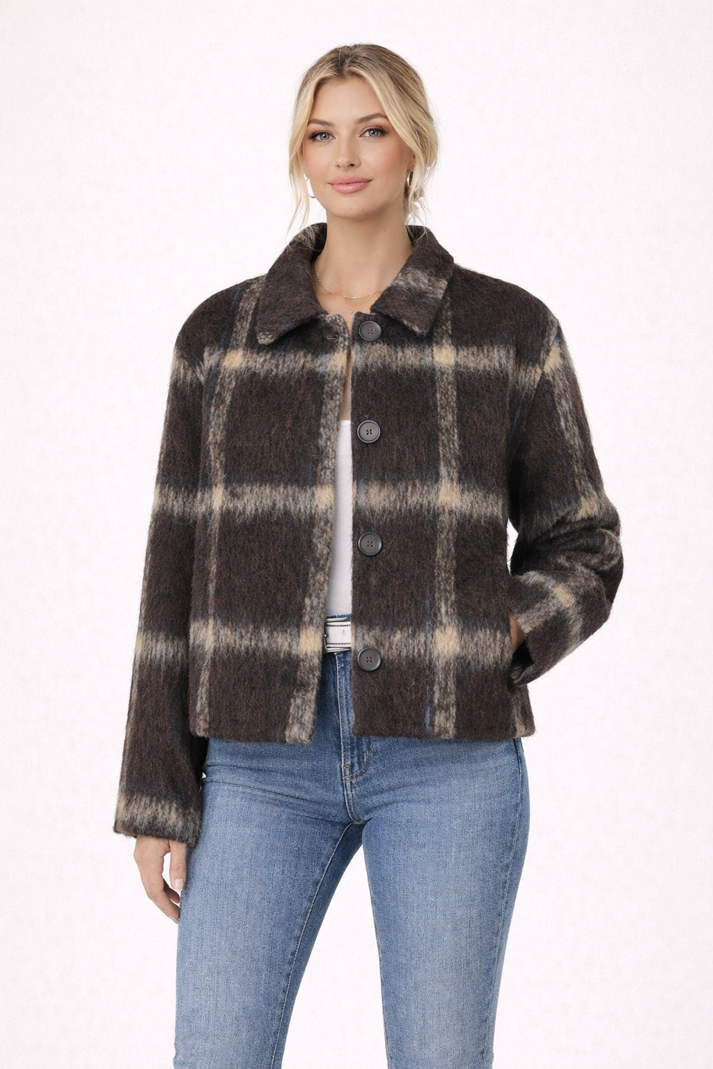 Veste Courte à Carreaux avec Boutons et Col Classique pour Femme