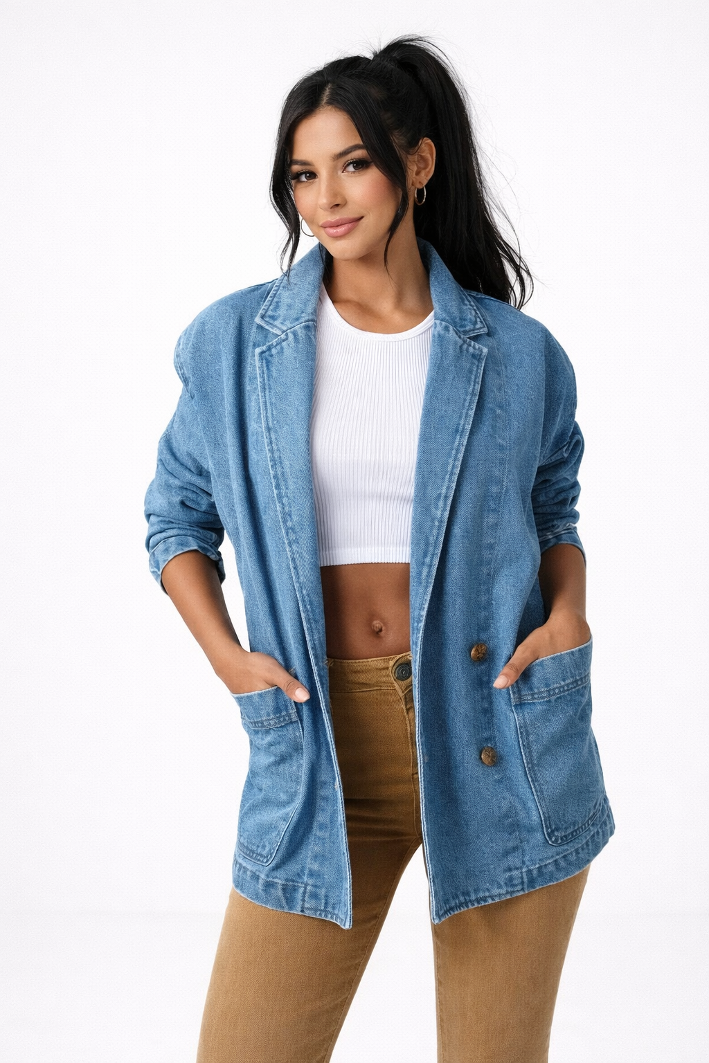 Veste Blazer en Jean Décontractée à Revers avec Poches Plaquées pour Femme