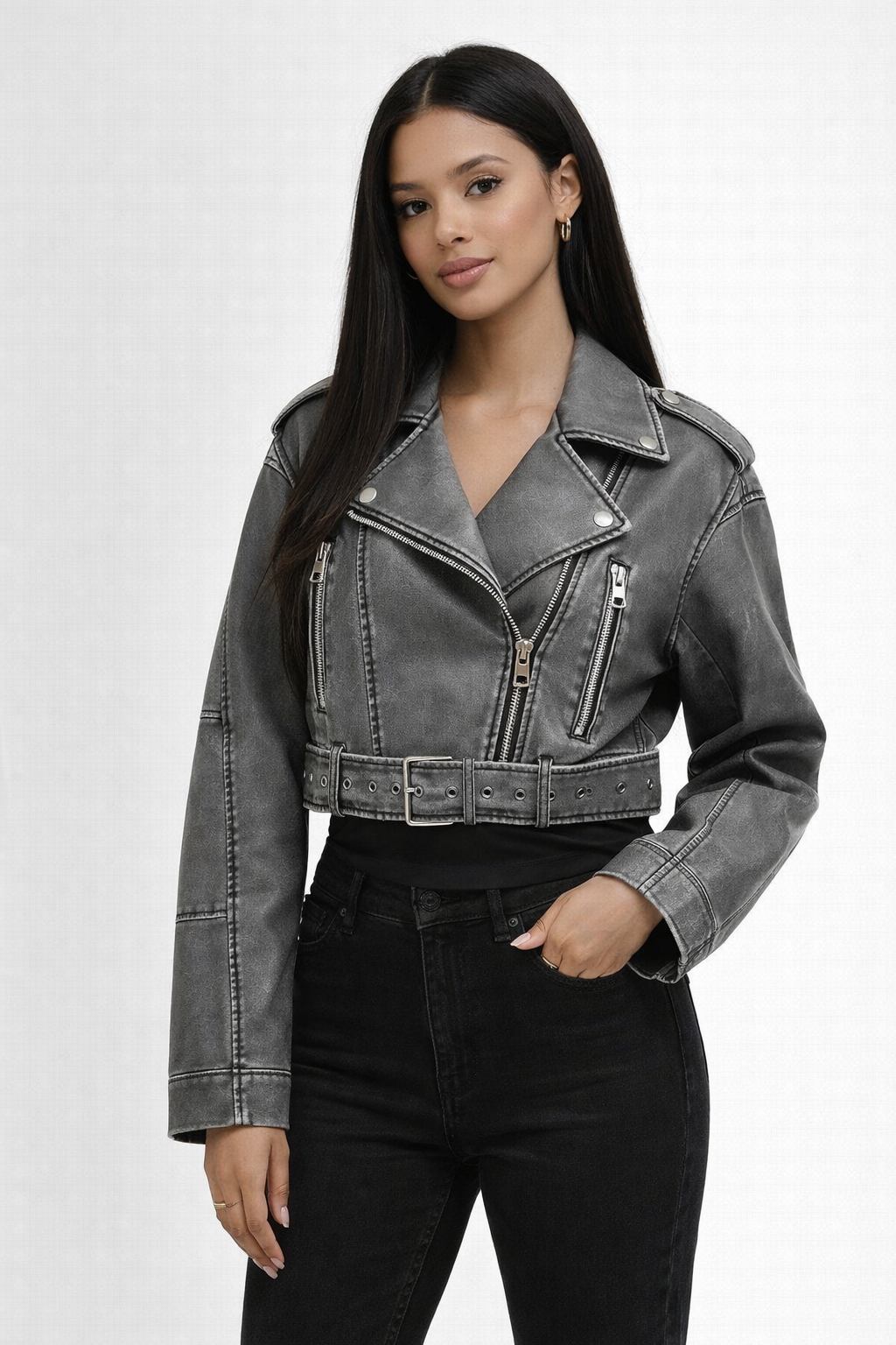 Veste Perfecto Courte en Similicuir Délavé avec Fermeture Éclair Asymétrique Femme
