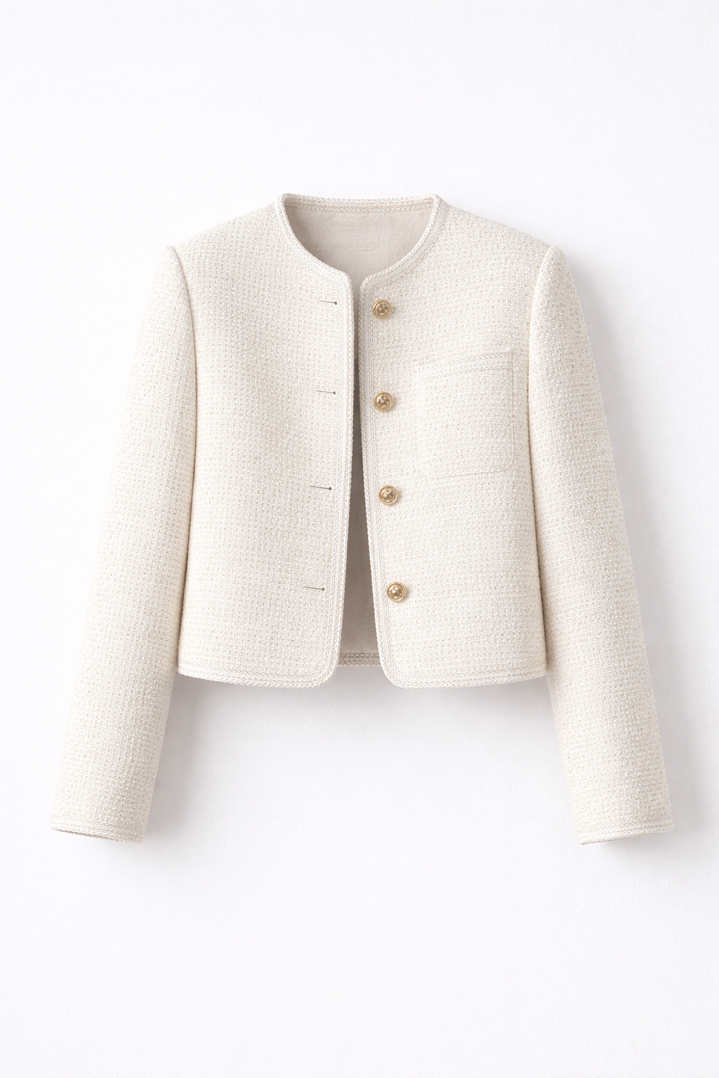 Short Tweed-Style Jacket with Gold Buttons and Round Neckline for Women