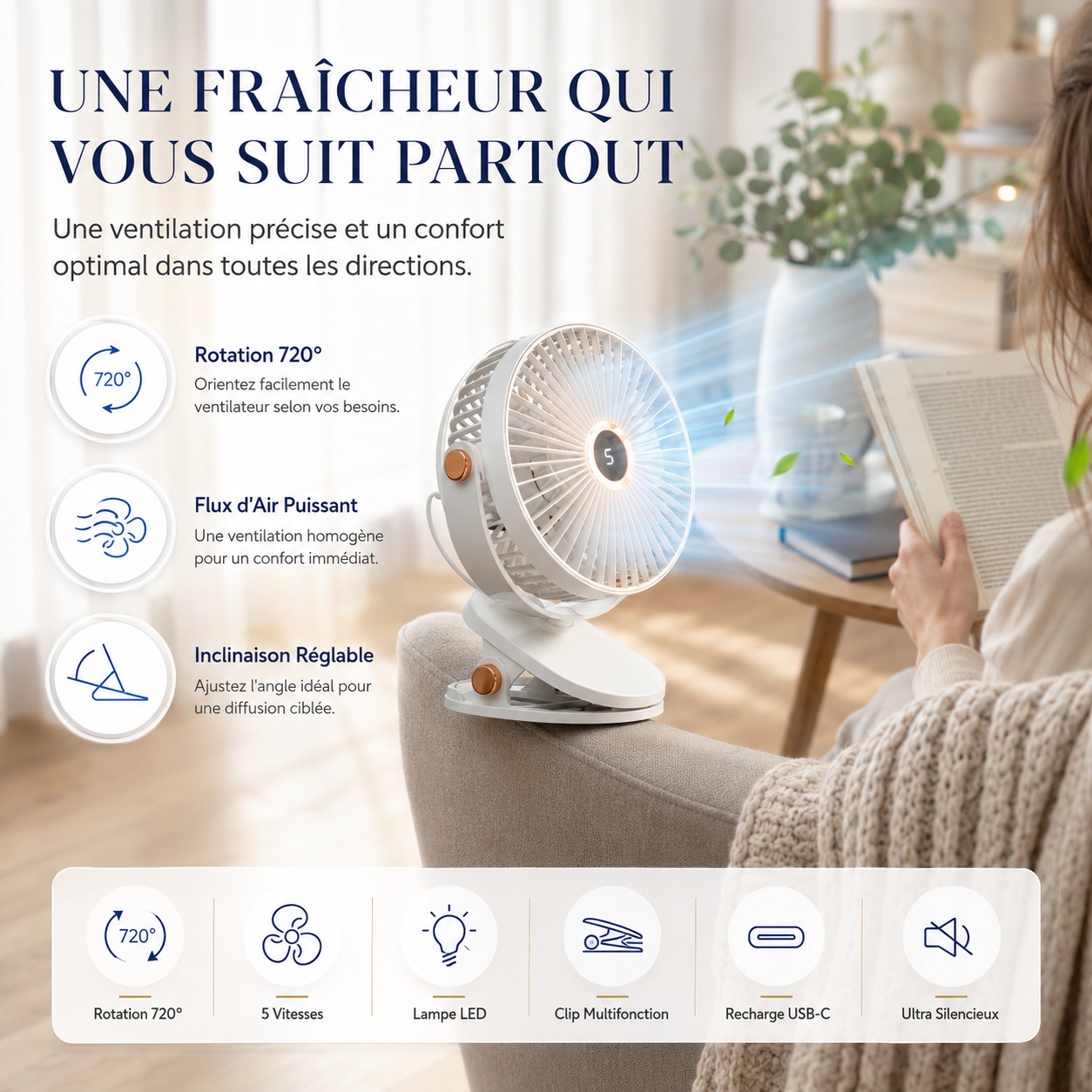 Genopladelig bærbar ventilator med clips 8000 mAh med LED