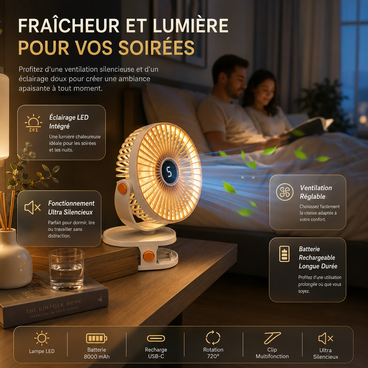 Genopladelig bærbar ventilator med clips 8000 mAh med LED