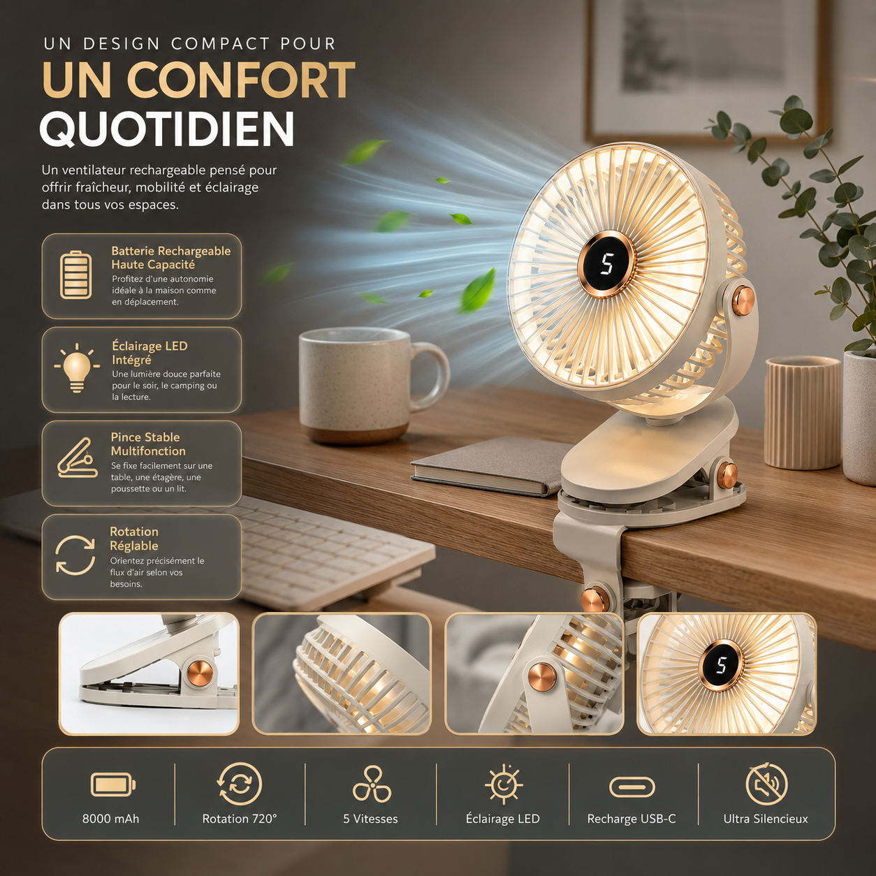 Genopladelig bærbar ventilator med clips 8000 mAh med LED