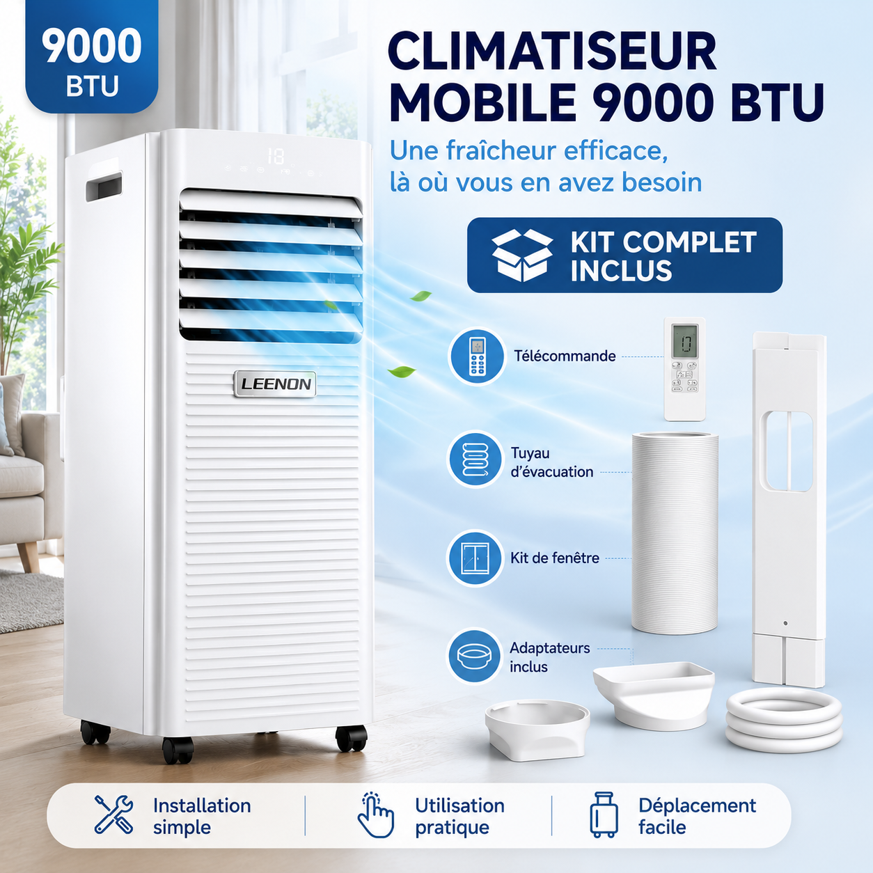 Mobil klimaanlæg 3-i-1 9000 BTU til små rum og værelser