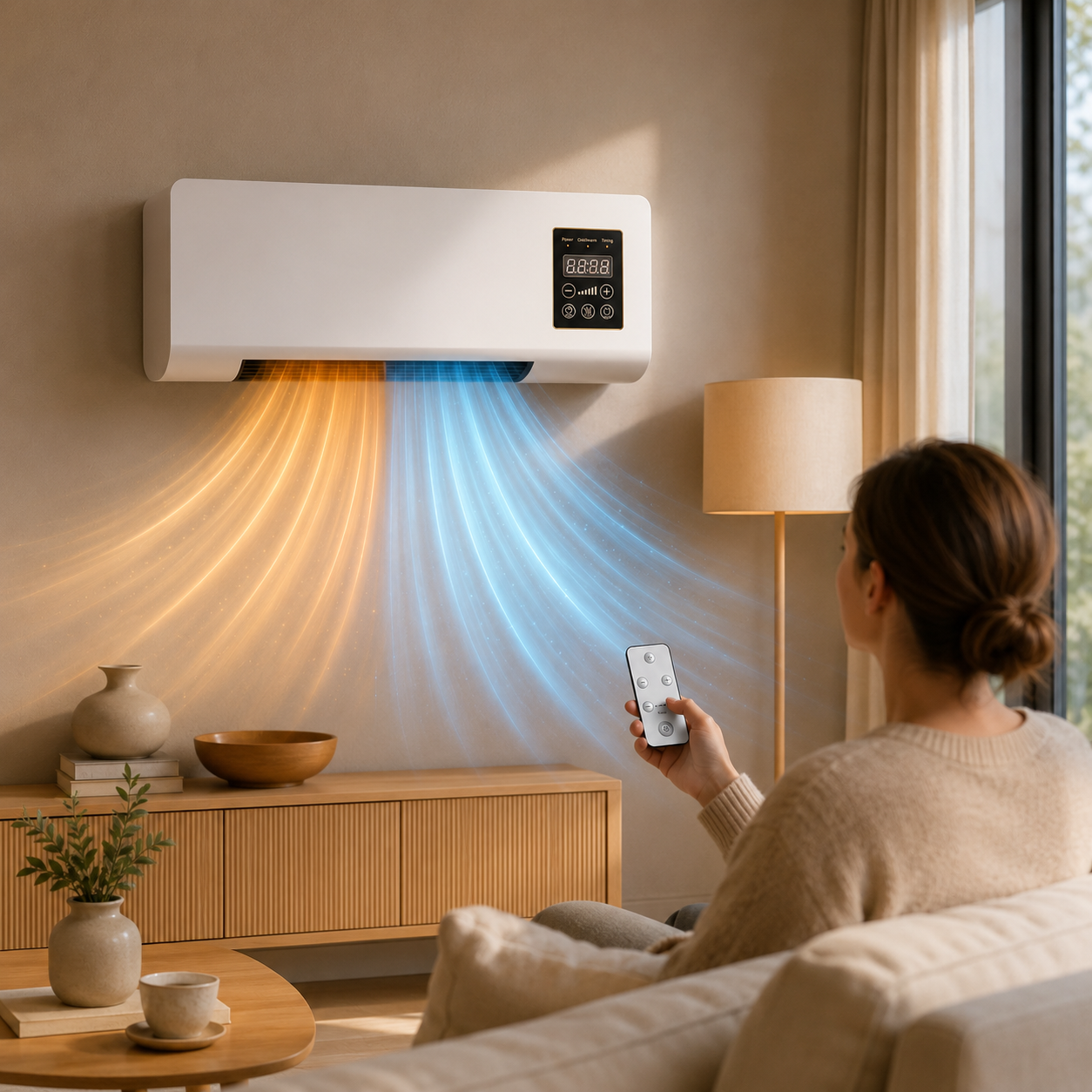 Væghængt Varmluftblæser med Ventilation, Fjernbetjening og LED-Display