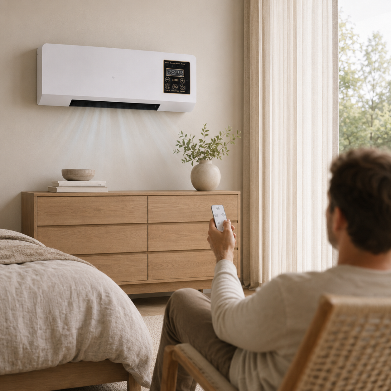 Væghængt Varmluftblæser med Ventilation, Fjernbetjening og LED-Display