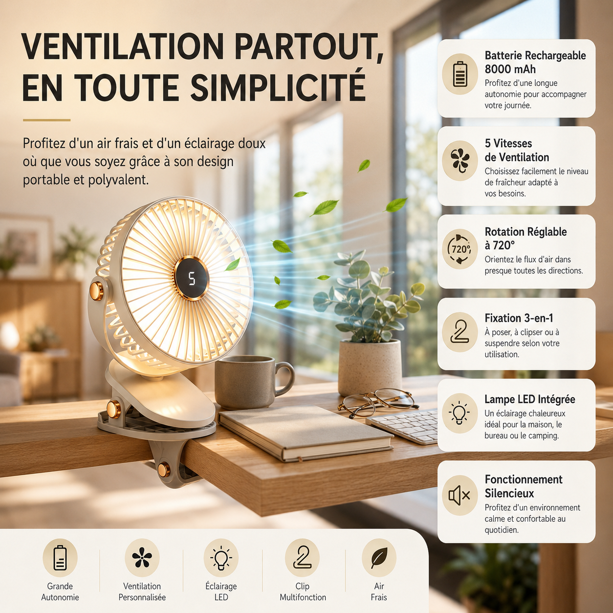 Genopladelig bærbar ventilator med clips 8000 mAh med LED