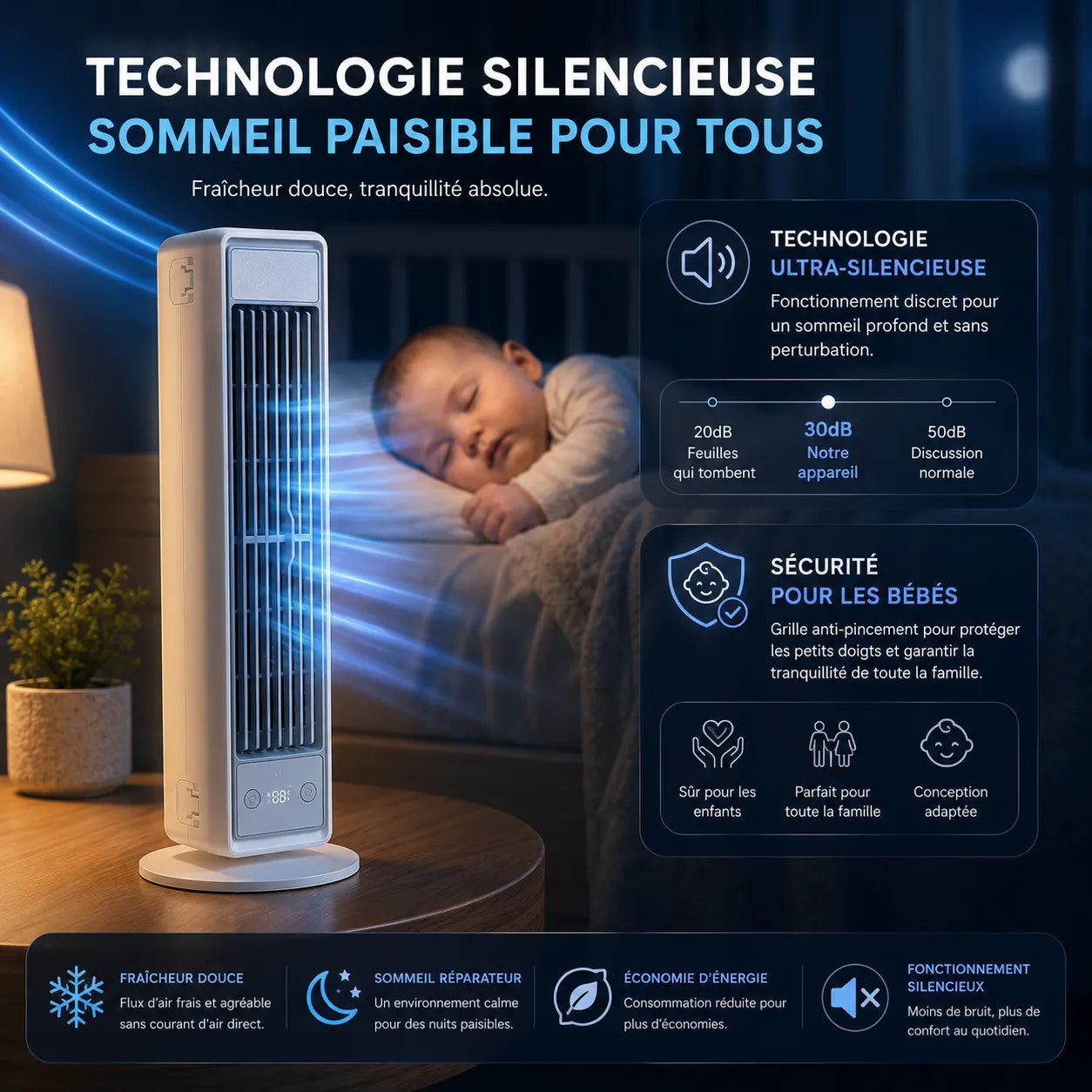 Blade-Free Tower Fan with Multidirectional Ventilation