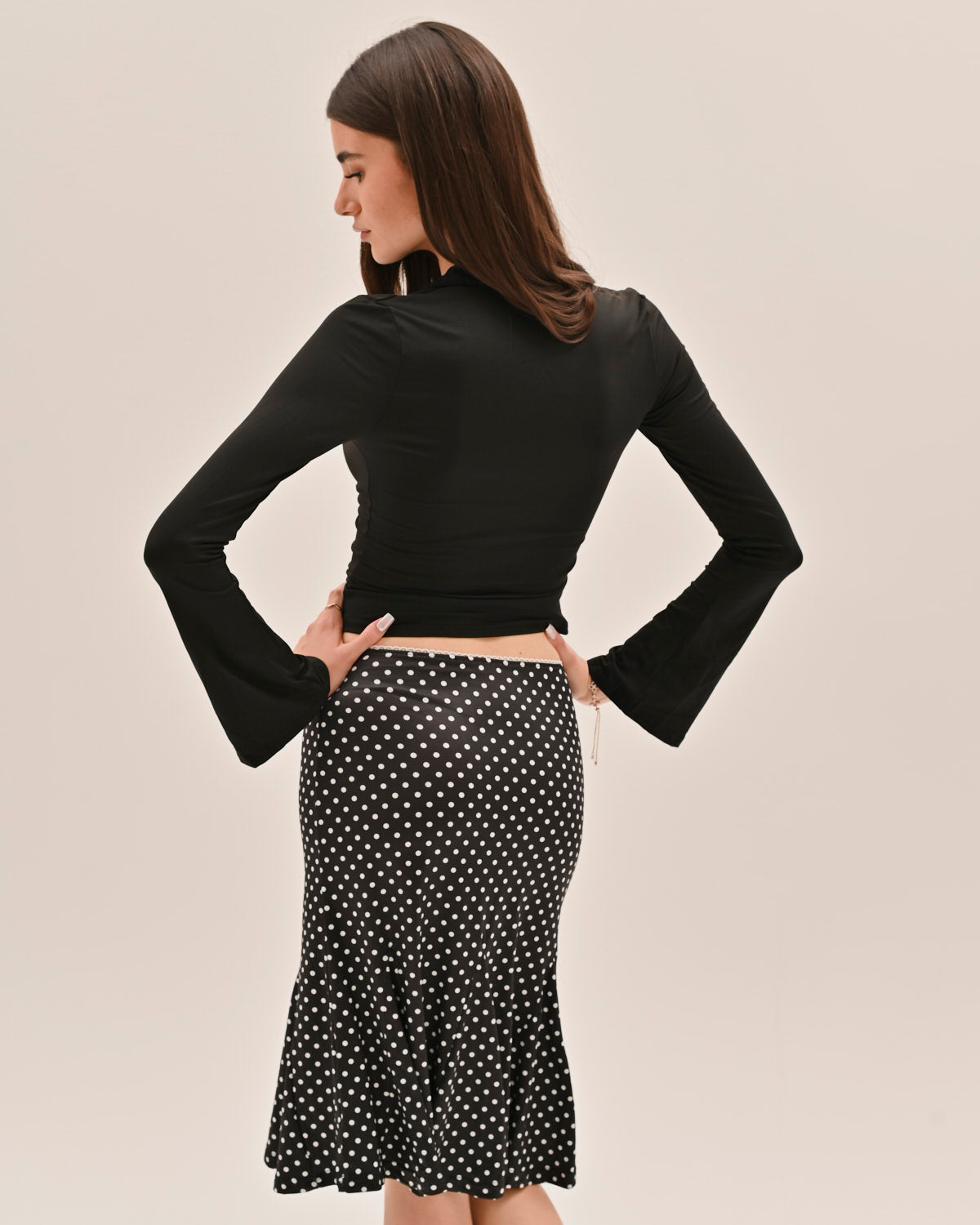 Jupe Midi Sirène à Pois avec Taille Basse et Coupe Évasée pour Femme