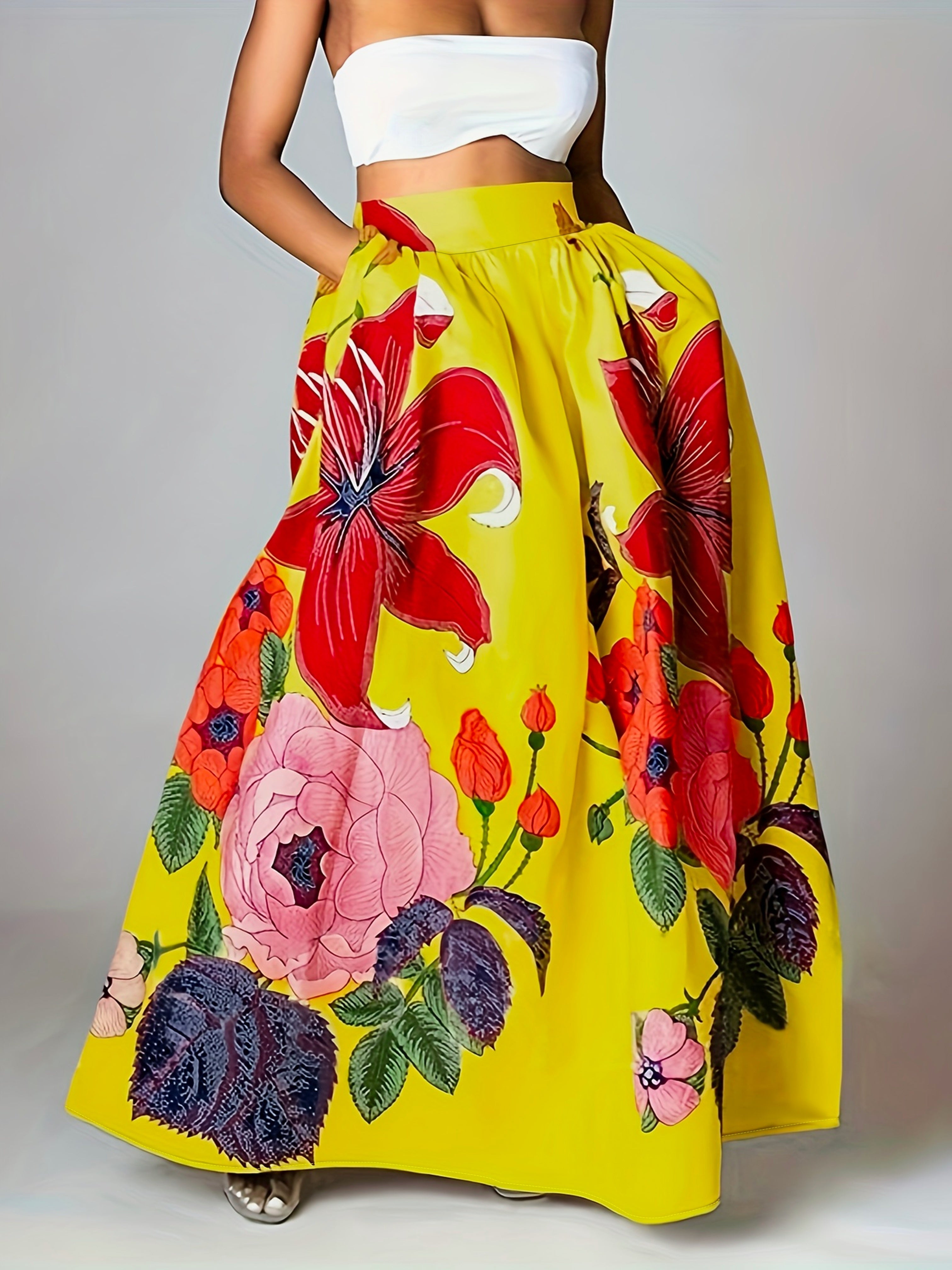 Jupe longue femme mélange coton imprimé fleurs taille haute