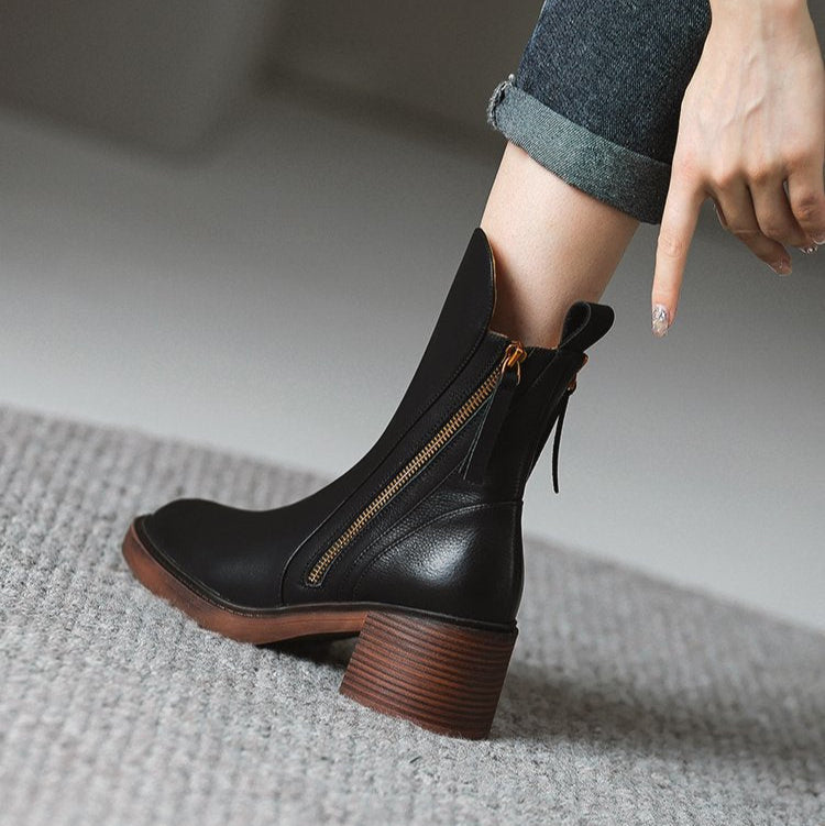 Women's Evening Heeled Ankle Boots Leather Metallic Zip Slip-Resistant Sole Comfort