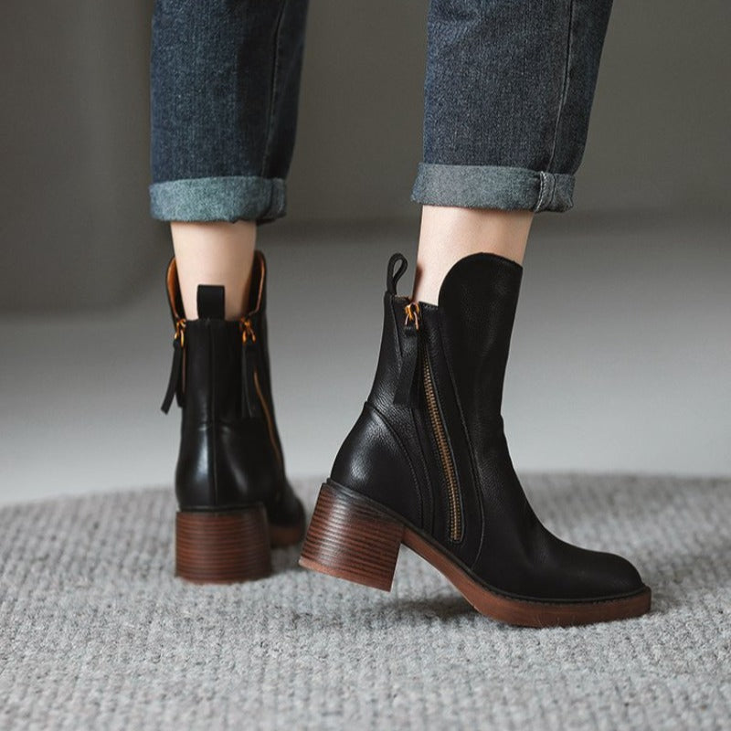 Women's Evening Heeled Ankle Boots Leather Metallic Zip Slip-Resistant Sole Comfort