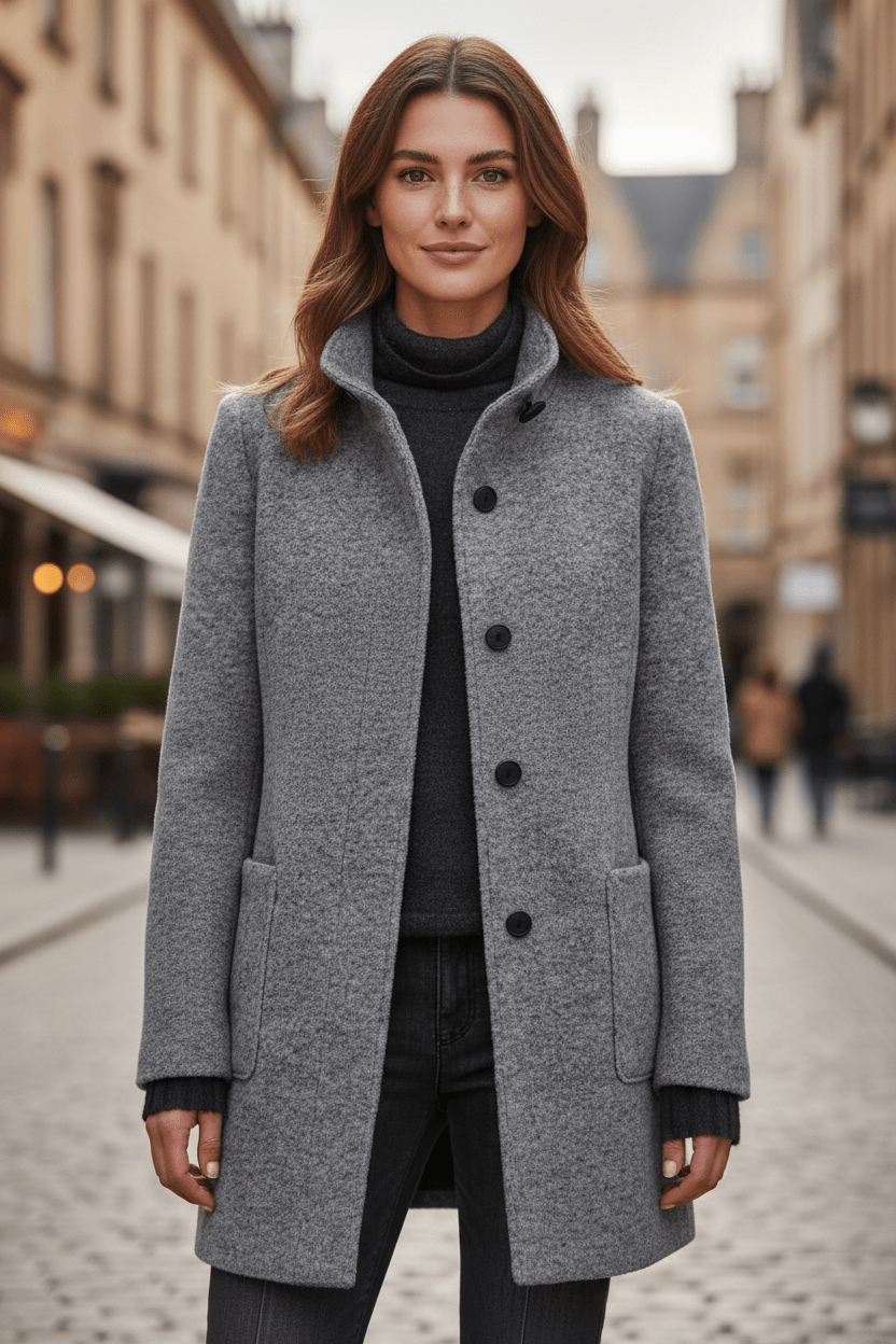 Dámský kancelářský kabát ze směsové vlny, projmutý střih, hřejivý, elegantní, nadčasový