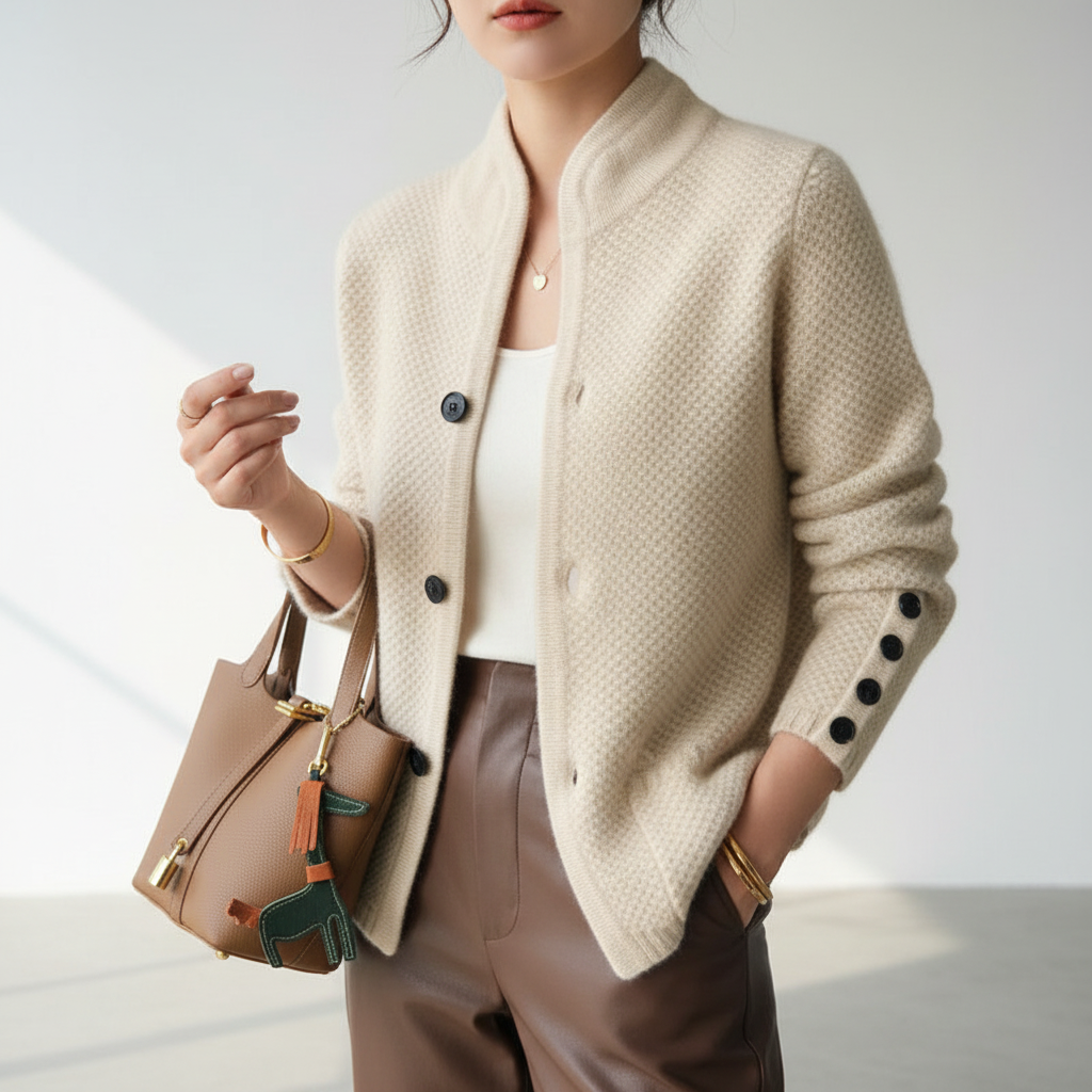 Cárdigan femenino diario de punto con botones, cuello alto, elegante y cómodo