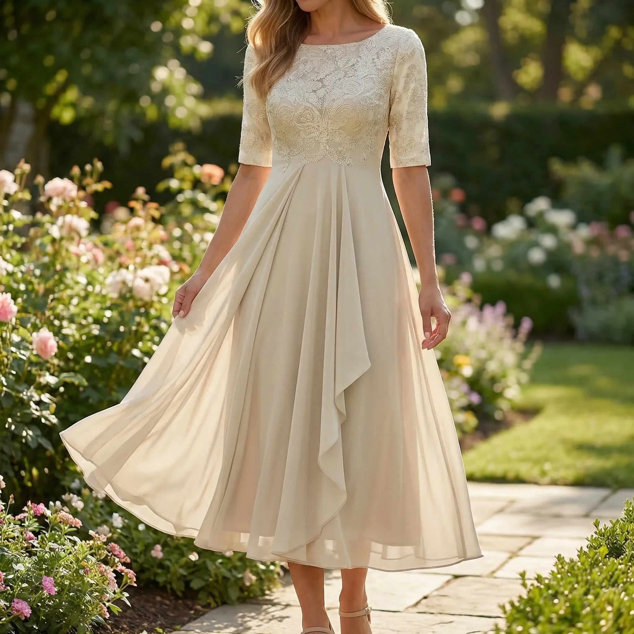 Mid-length dress for women - flared skirt with embroidered floral bustier | wedding