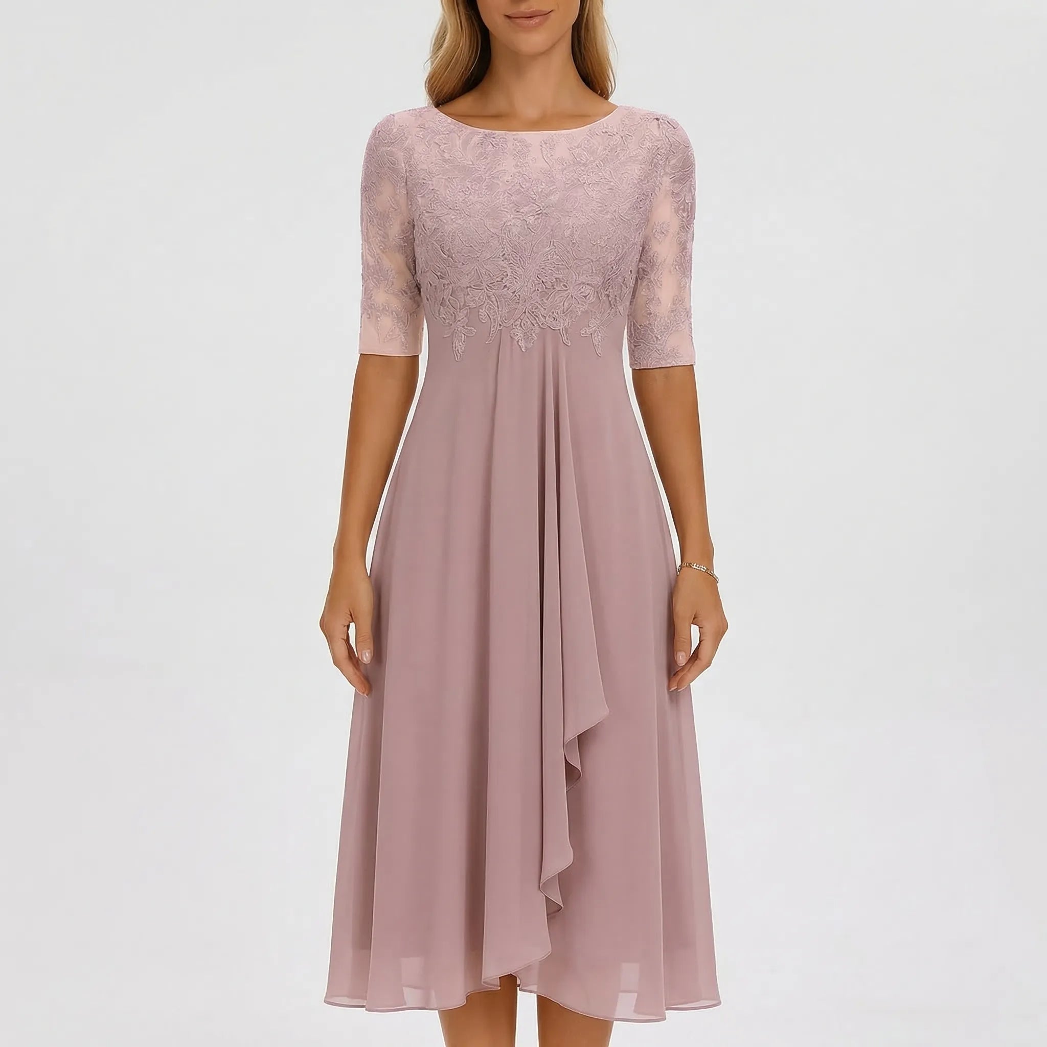 Mid-length dress for women - flared skirt with embroidered floral bustier | wedding