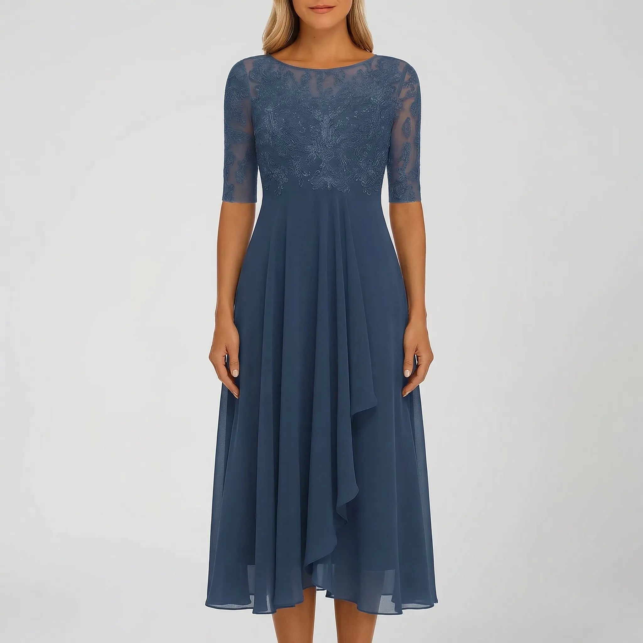 Mid-length dress for women - flared skirt with embroidered floral bustier | wedding