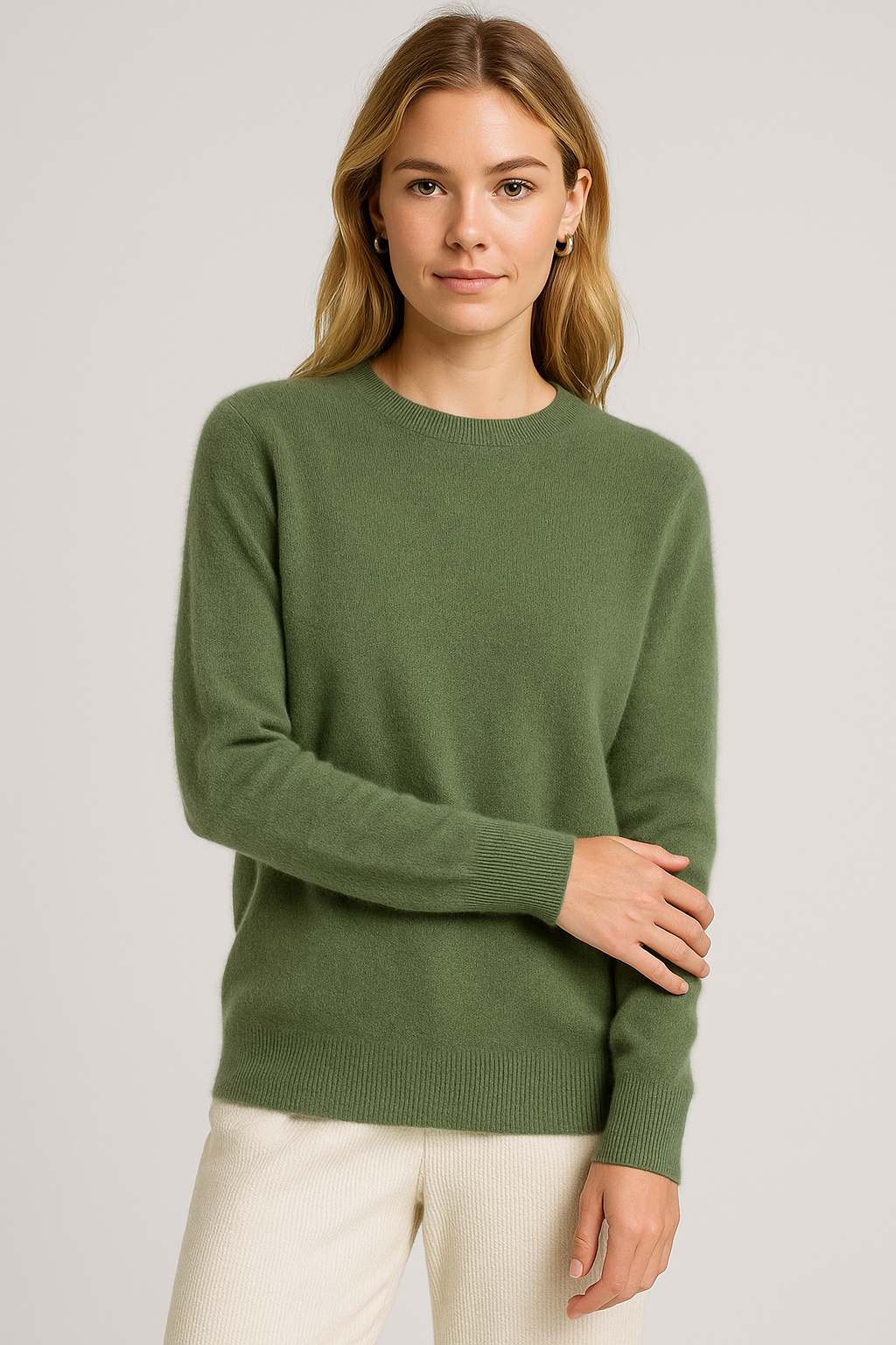 Women's Everyday Pure Cashmere Sweater Round Neck Loose Fit Ribbed Hems Comfortable