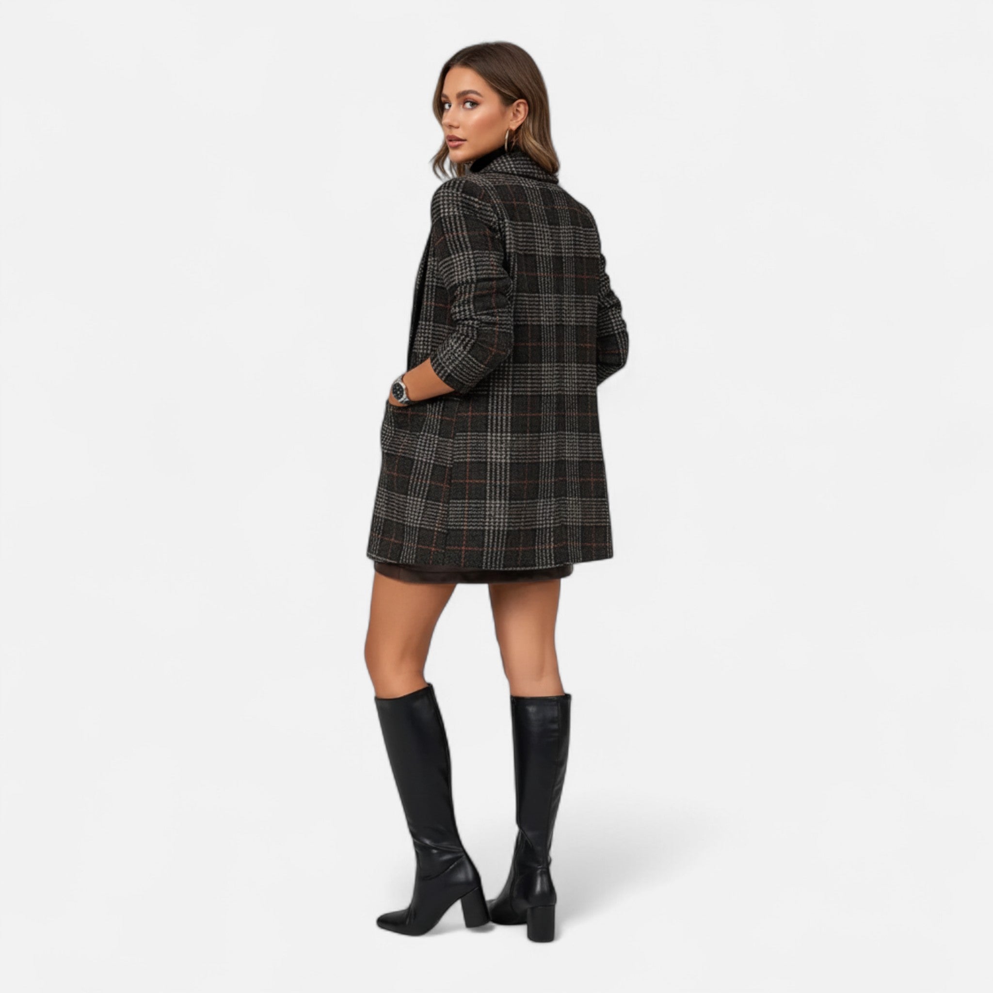 Velclairemode | Women's Elegant Double-Breasted Plaid Coat