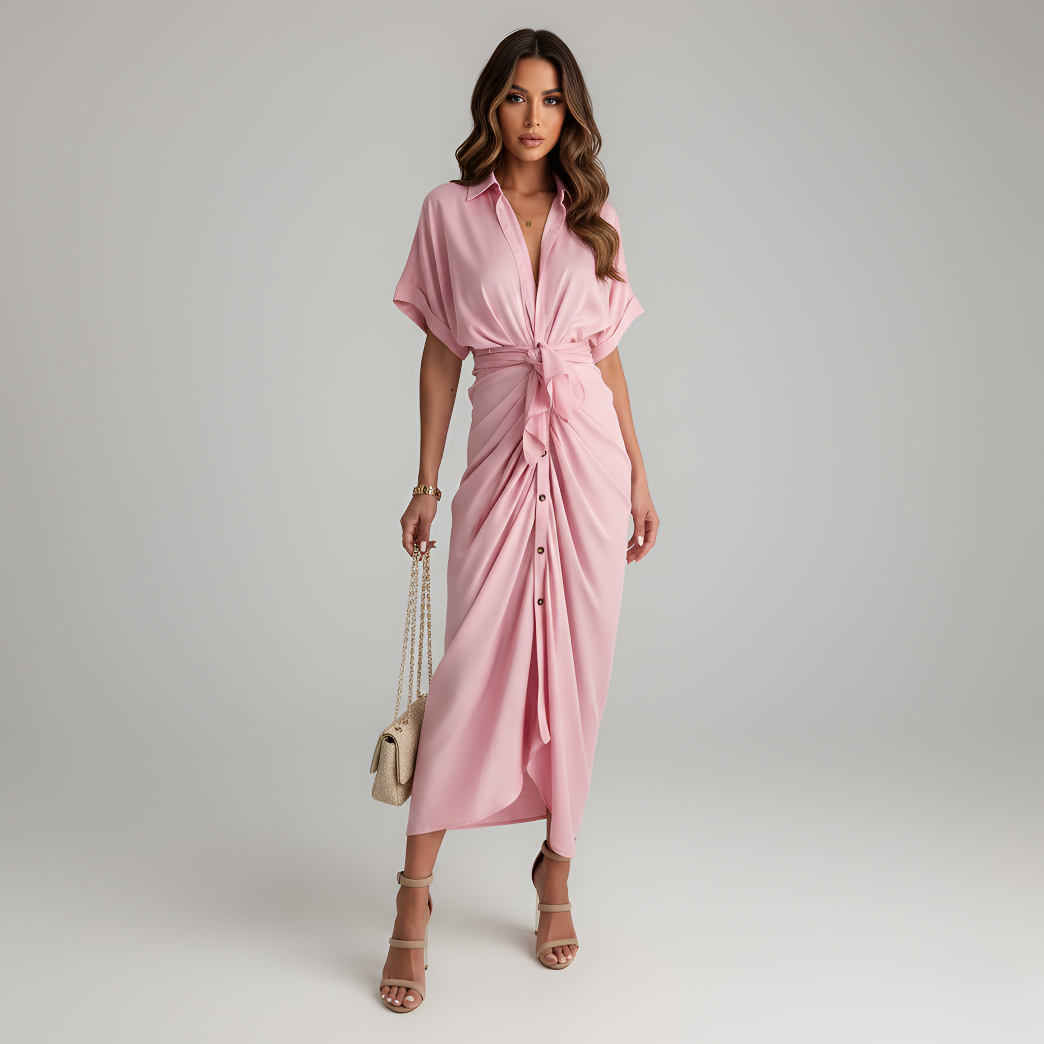 Robe Longue Chemise à Manches Courtes avec Ceinture à Nouer pour Femme