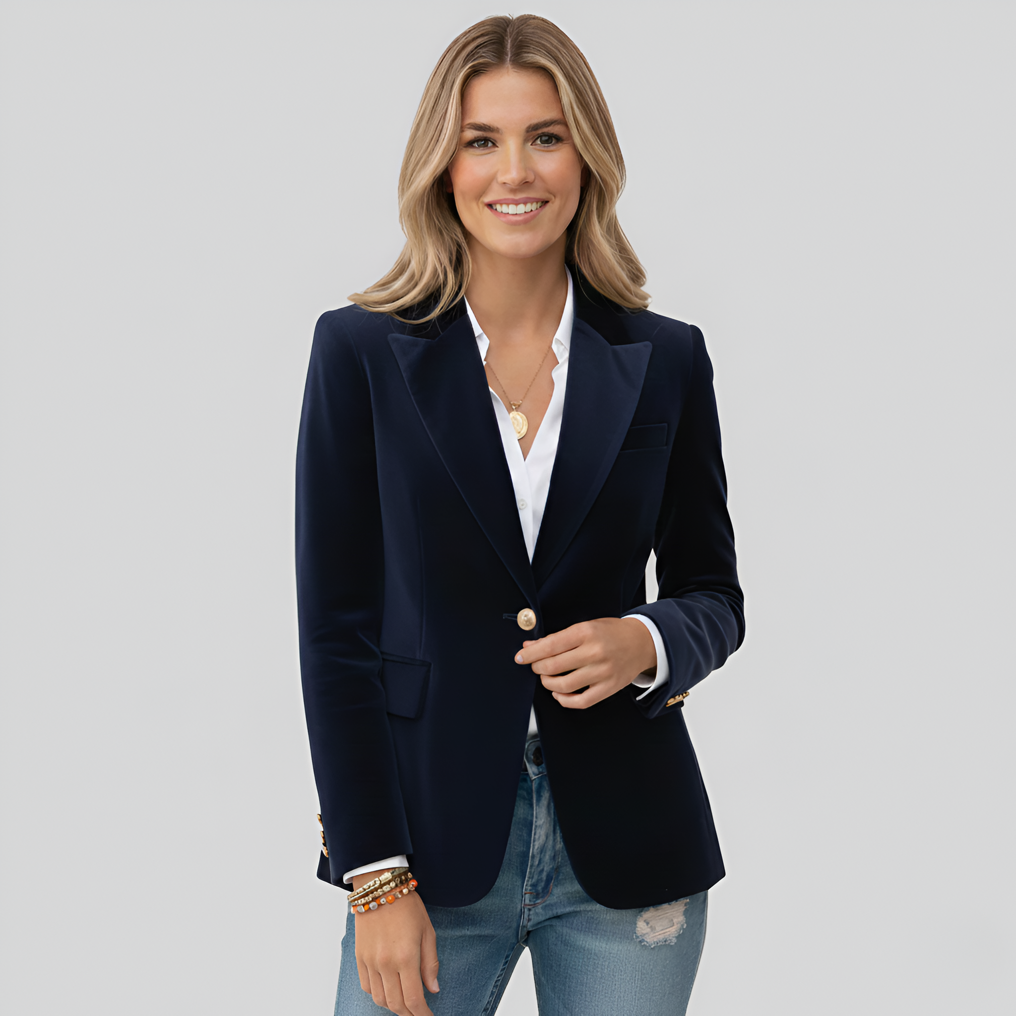 Blazer cintré en velours pour femme avec col tailleur et bouton unique