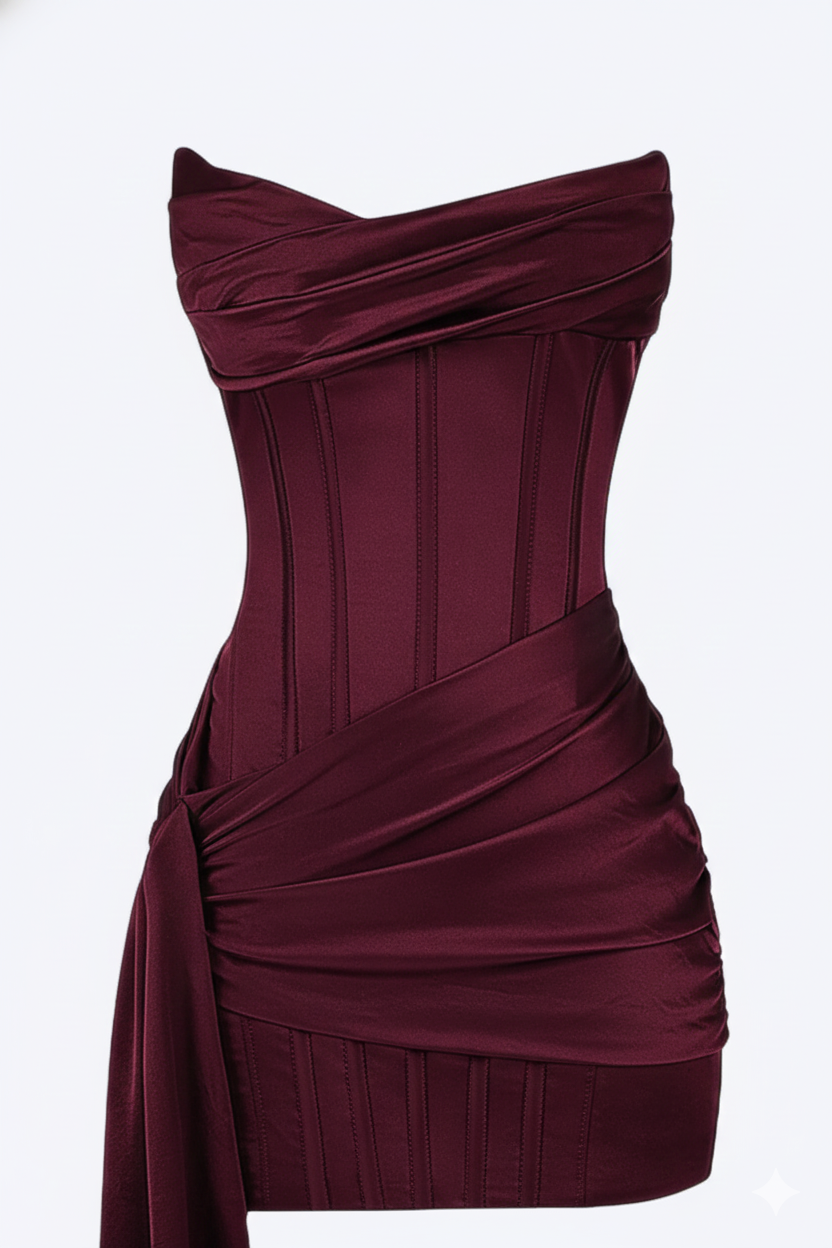 Robe de cocktail courte bustier en satin drapé avec silhouette sirène