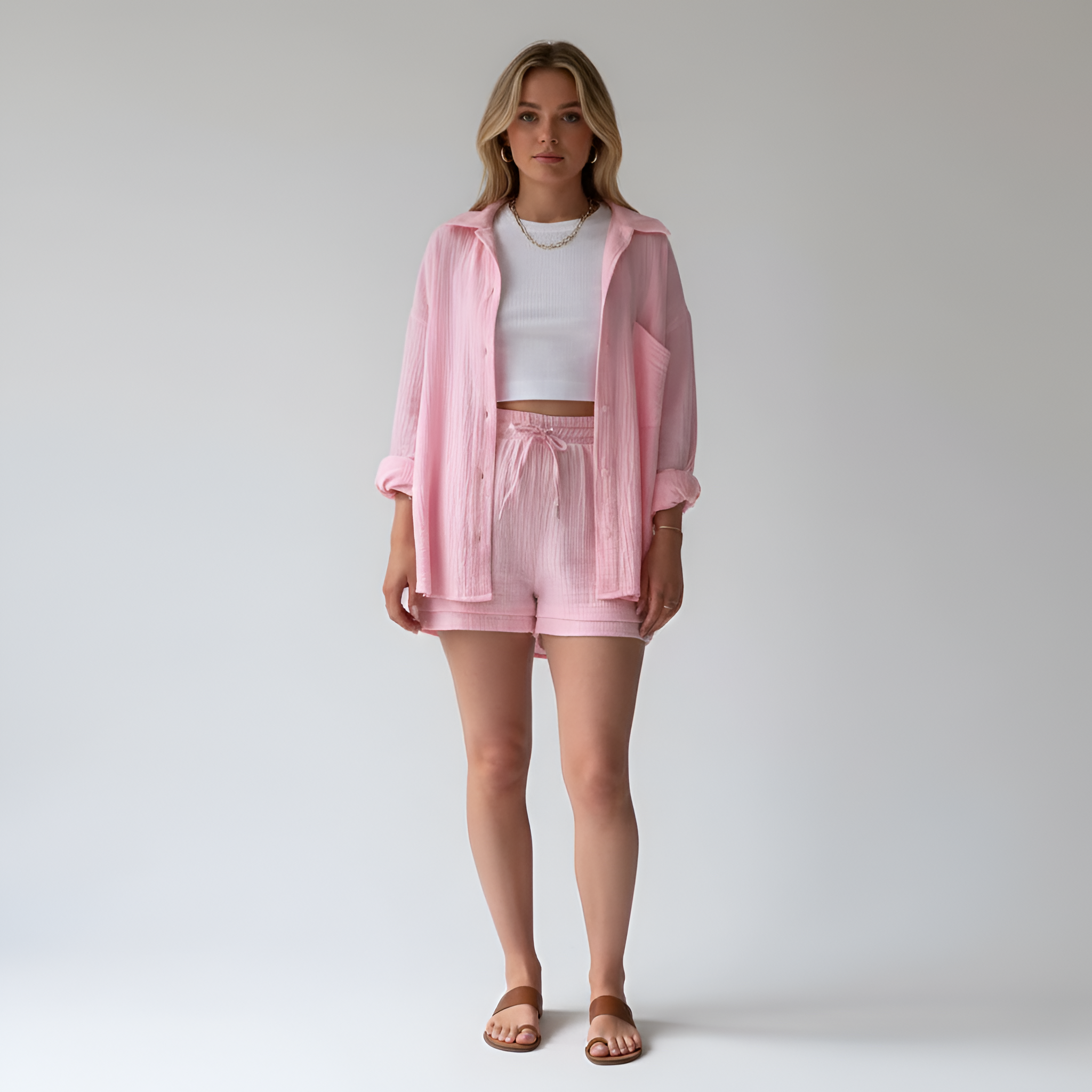 Ensemble Deux Pièces pour Femme avec Chemise à Col Rabattu et Short à Cordon