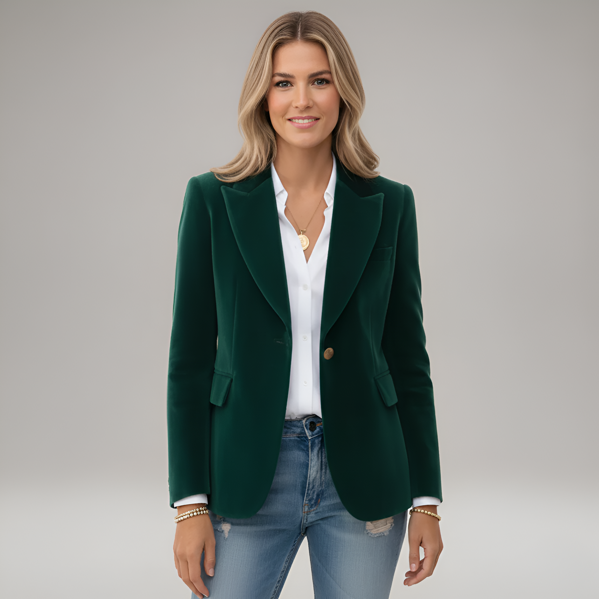 Blazer cintré en velours pour femme avec col tailleur et bouton unique