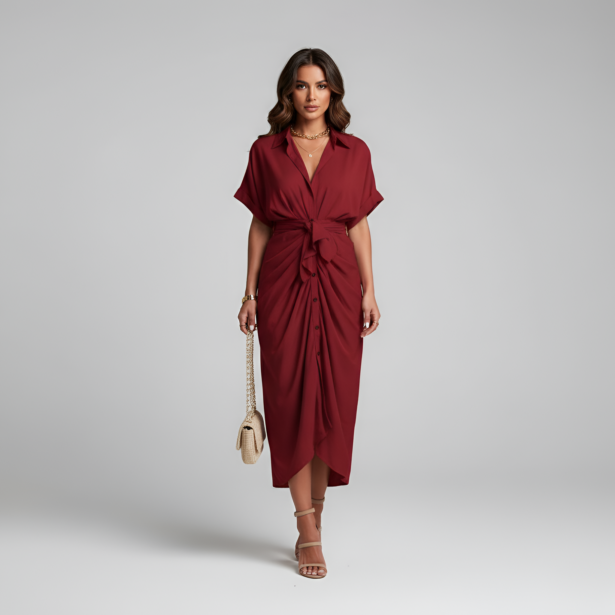 Robe Longue Chemise à Manches Courtes avec Ceinture à Nouer pour Femme
