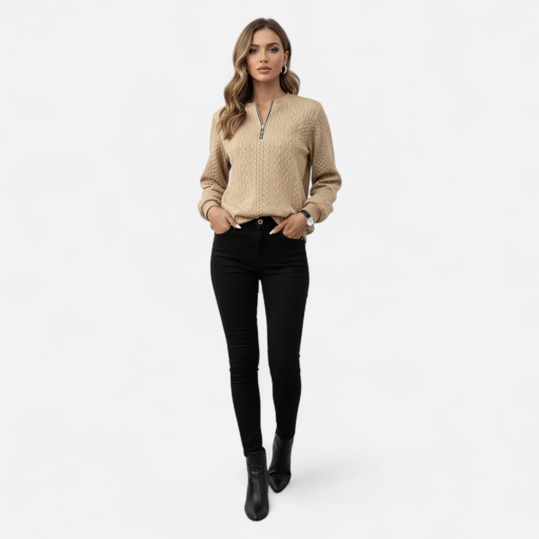 Velclairemode | Women's Textured Half-Zip Sweatshirt for Fall-Spring
