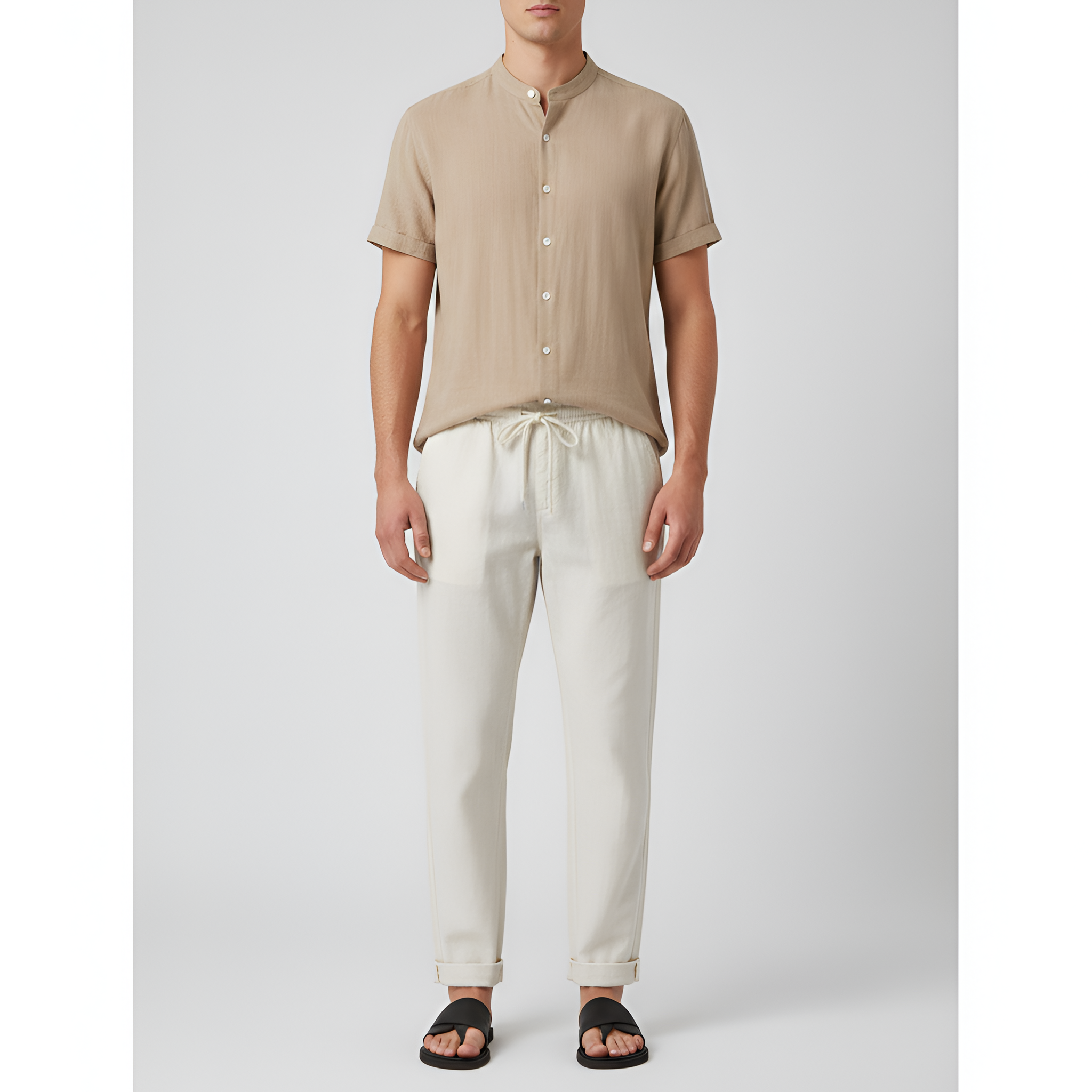 Ensemble Chemise à Col Officier et Pantalon en Lin à Coupe Droite pour Homme