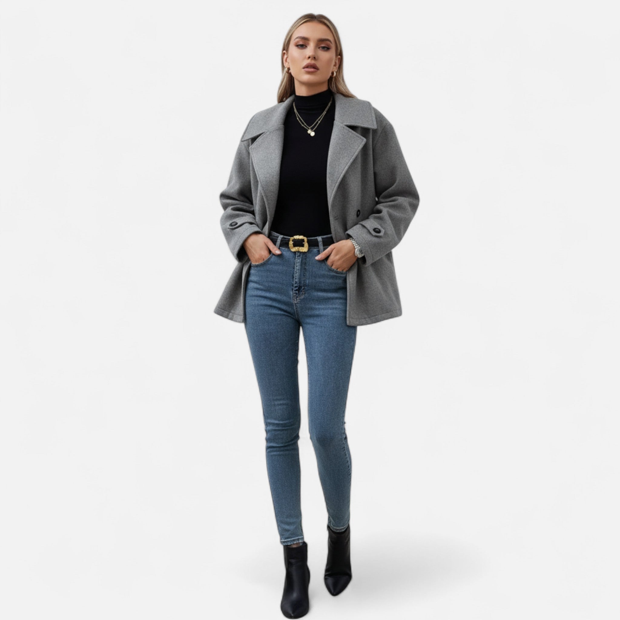 Velclairemode | Women's Coat with Classic Collar and Double Breasted