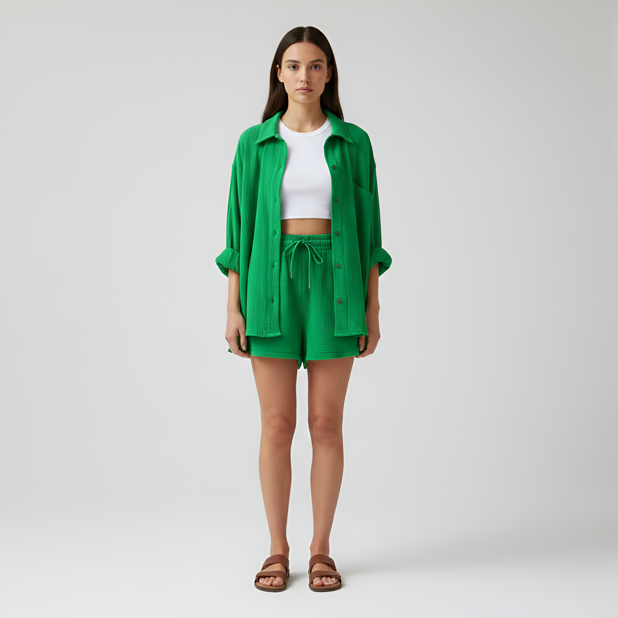 Ensemble Deux Pièces pour Femme avec Chemise à Col Rabattu et Short à Cordon