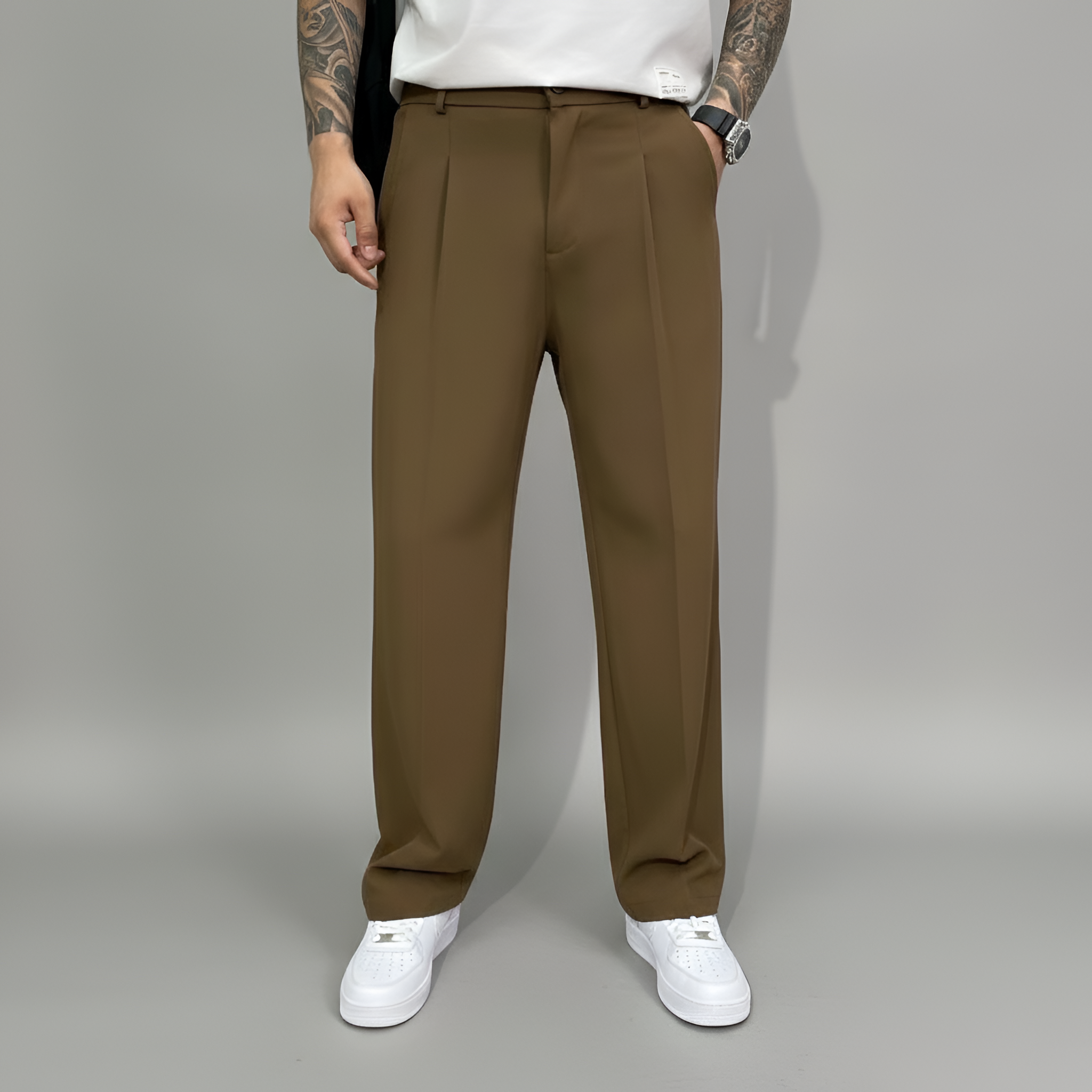Pantalon de Costume pour Homme Coupe Droite à Taille Haute avec Fermeture Éclair