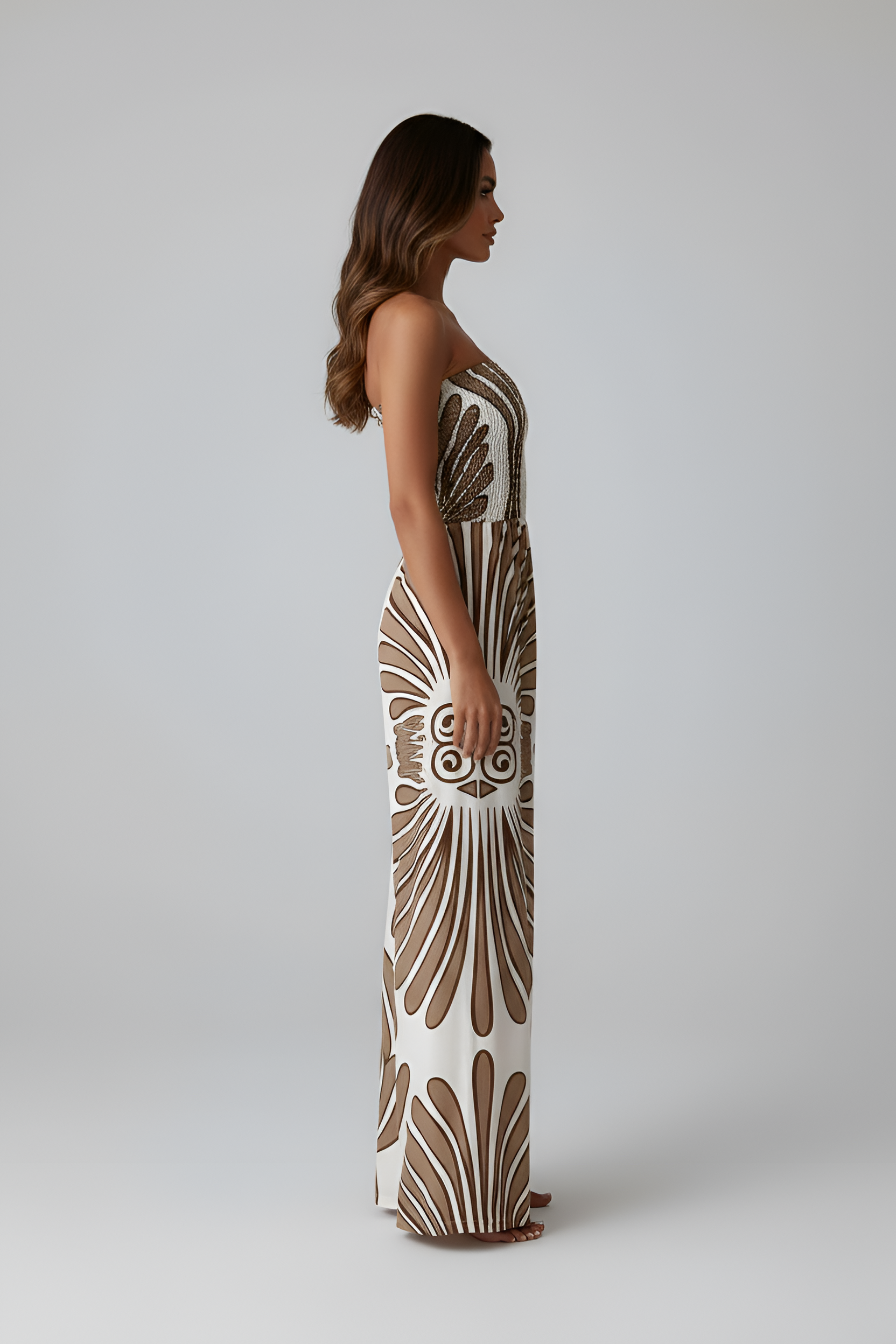 Combinaison Pantalon Imprimée Bustier Sans Bretelles avec Taille Haute et Jambes Larges