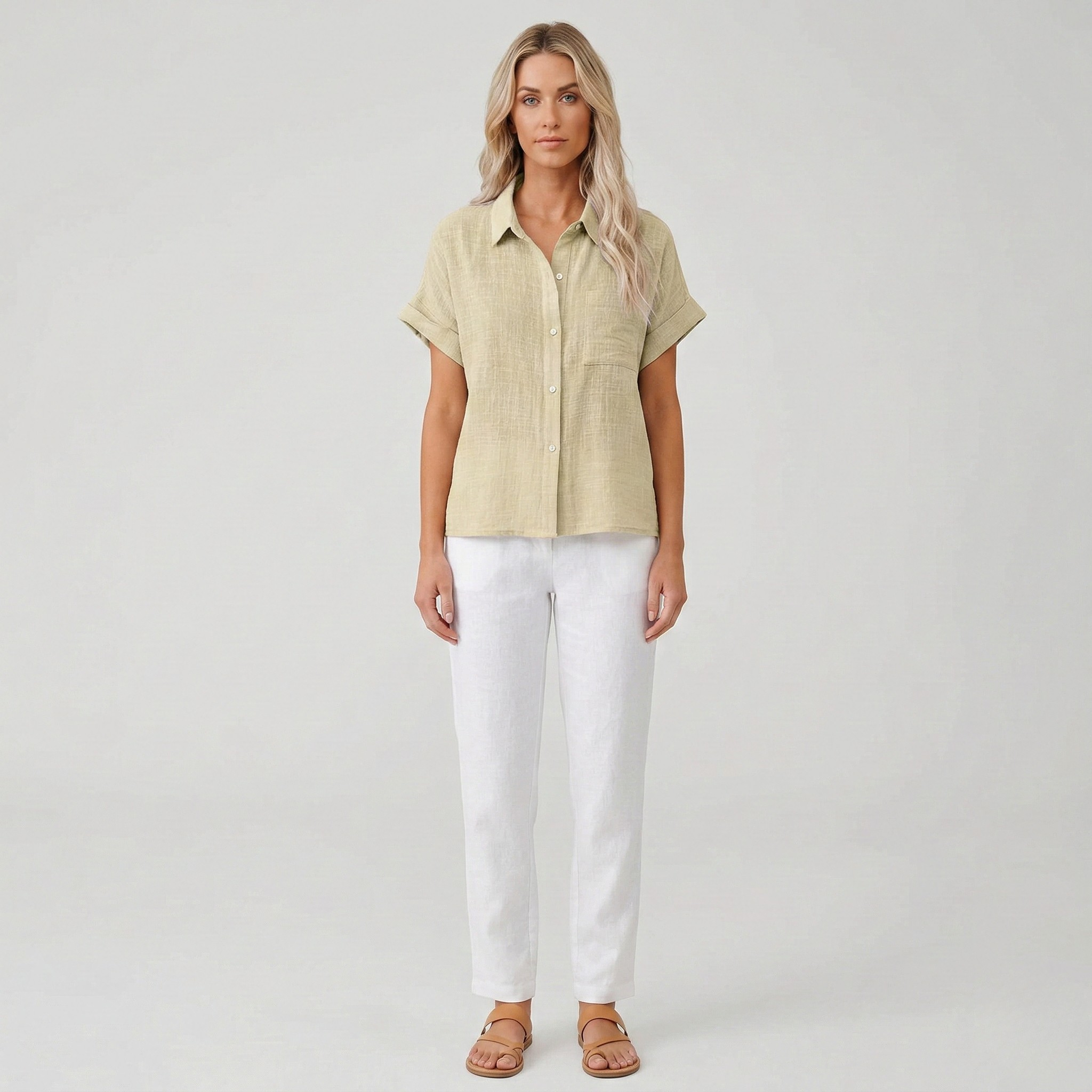 Chemisier en Lin pour Femme à Manches Courtes Coupe Ample et Boutonnée