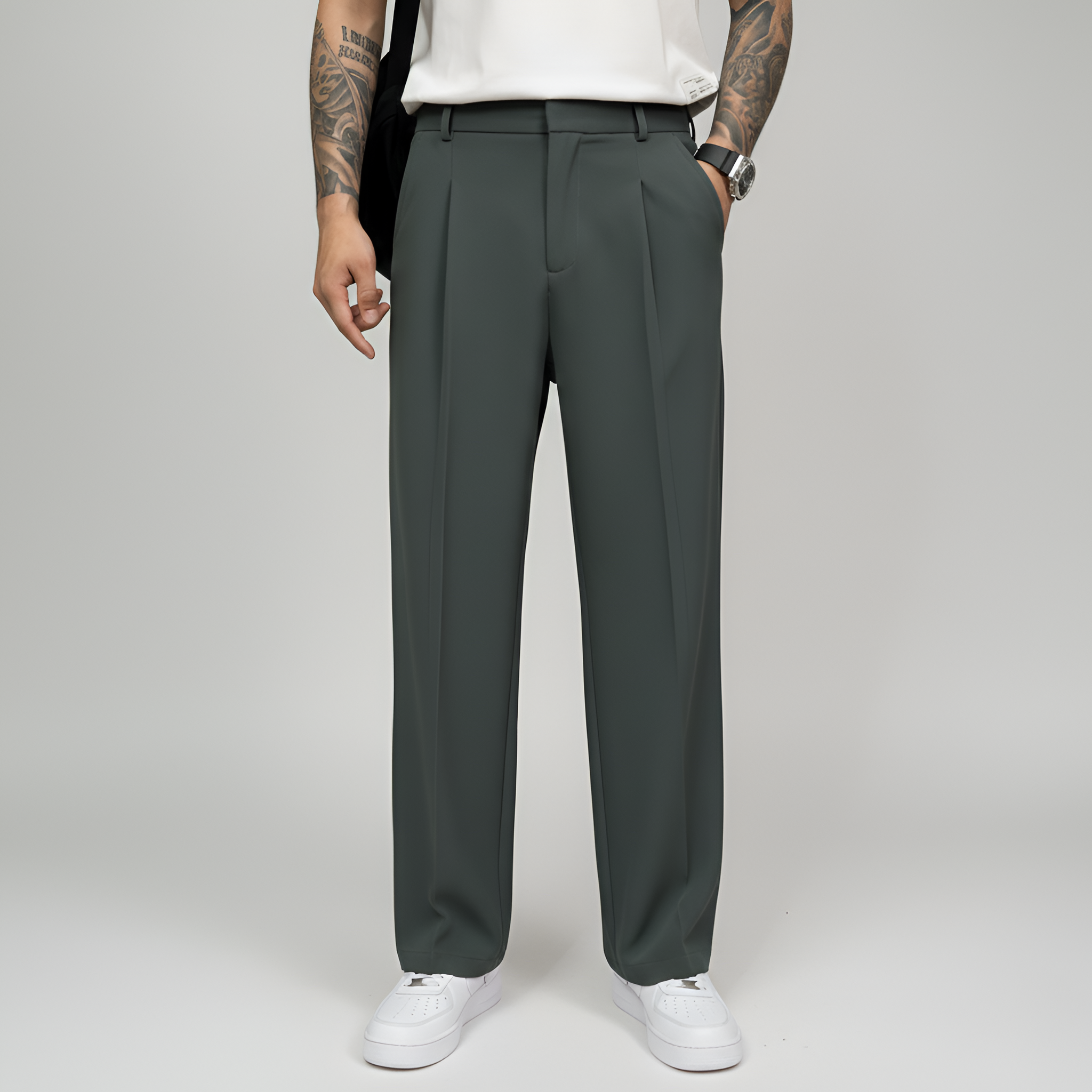 Pantalon de Costume pour Homme Coupe Droite à Taille Haute avec Fermeture Éclair