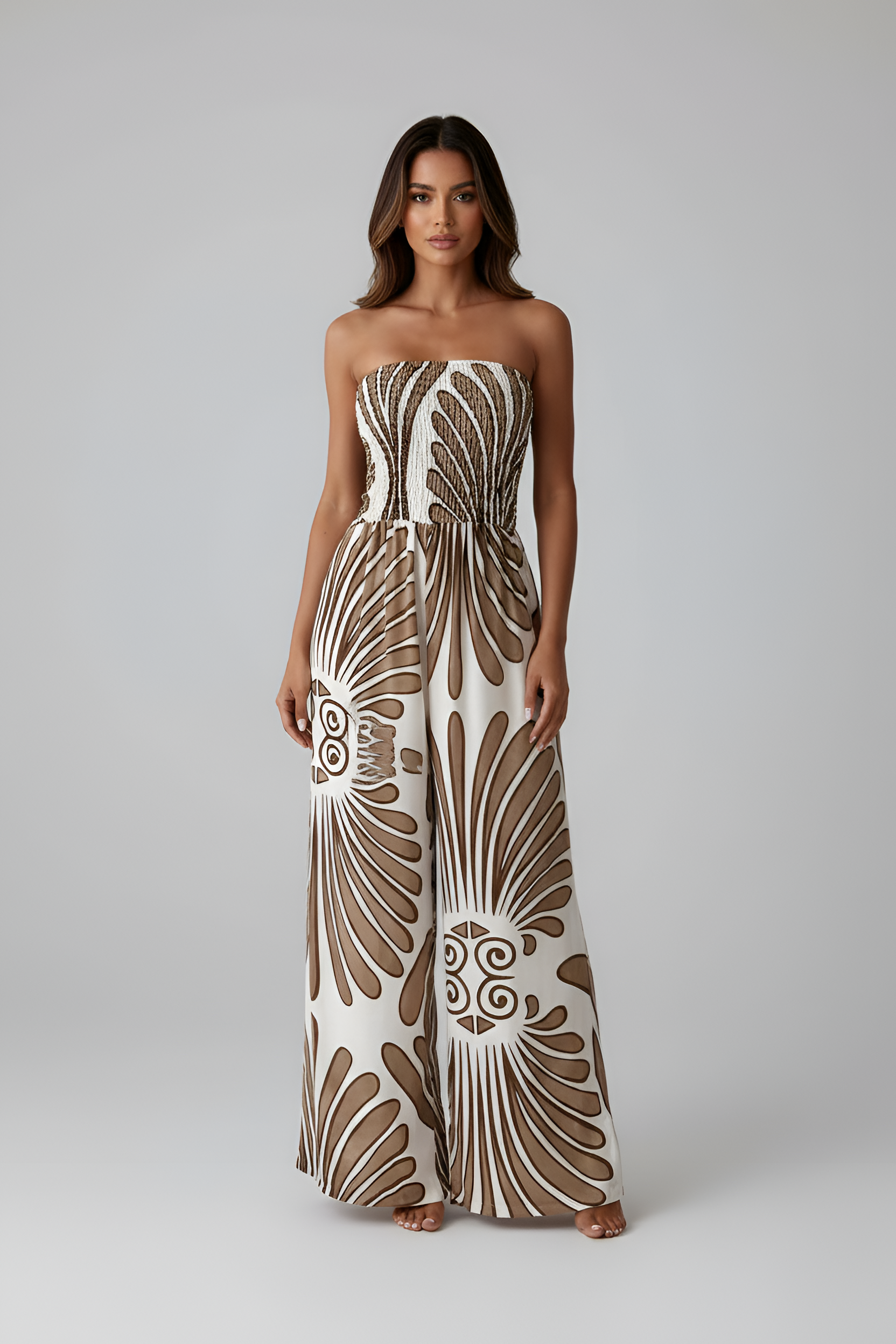 Combinaison Pantalon Imprimée Bustier Sans Bretelles avec Taille Haute et Jambes Larges