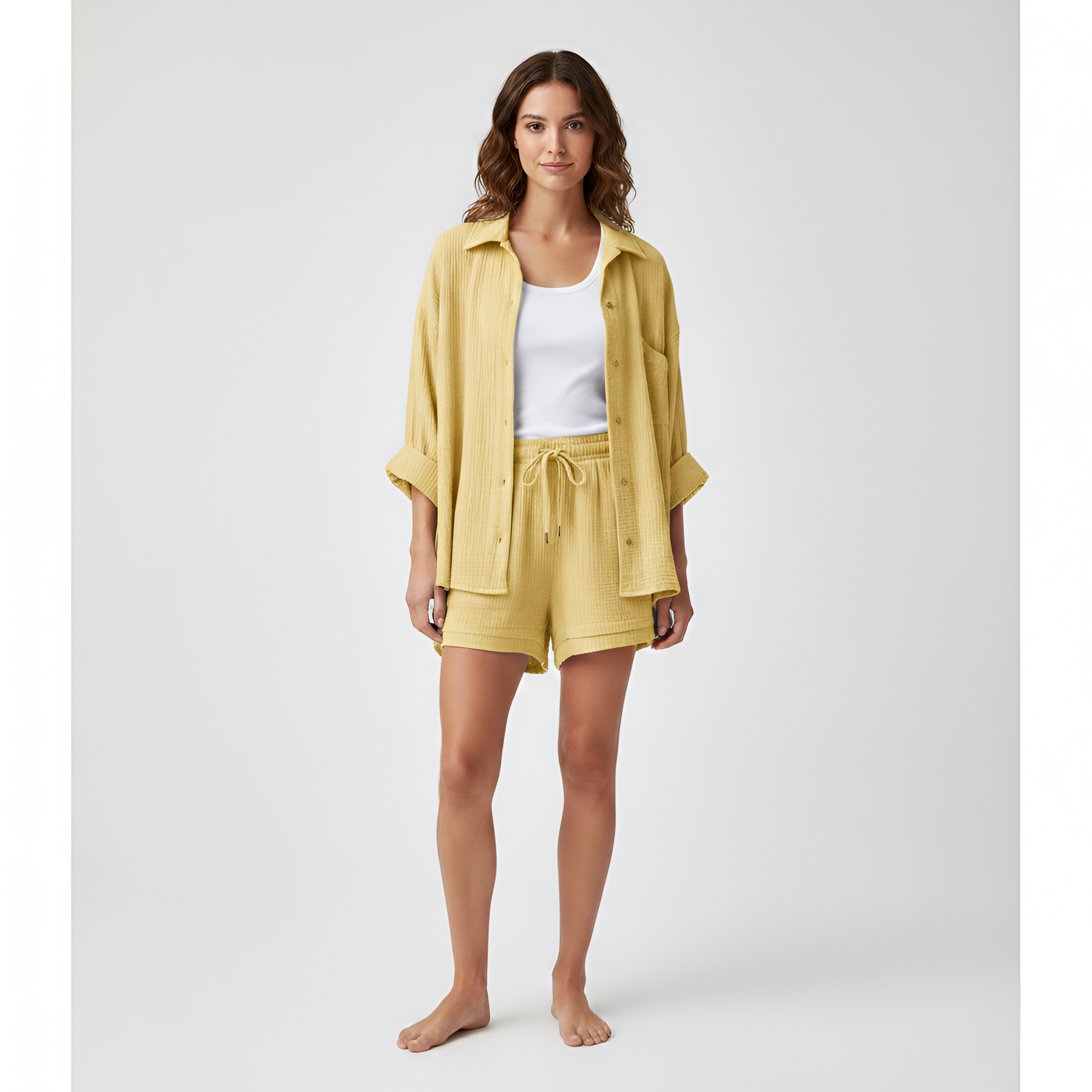 Ensemble Deux Pièces pour Femme avec Chemise à Col Rabattu et Short à Cordon