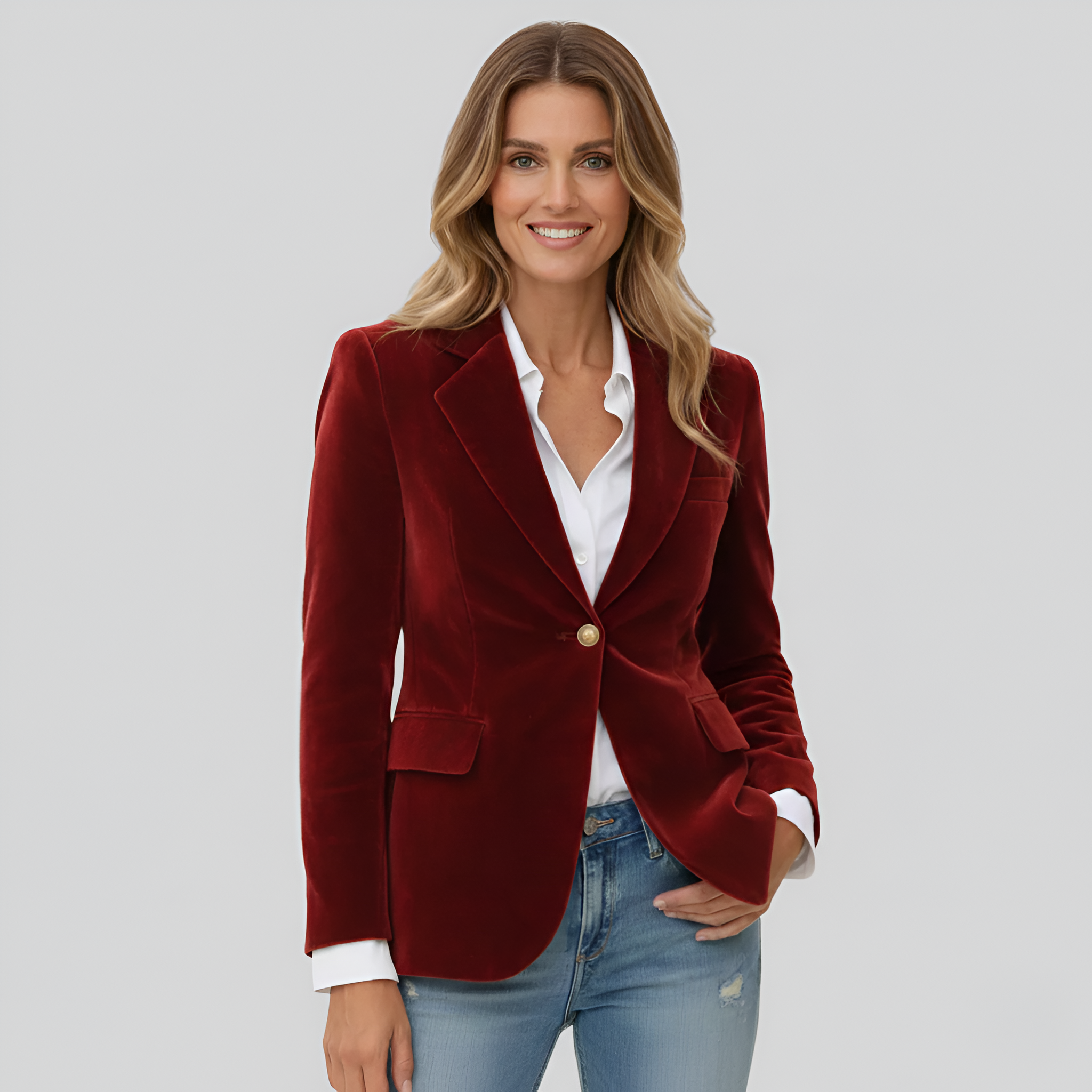Blazer cintré en velours pour femme avec col tailleur et bouton unique